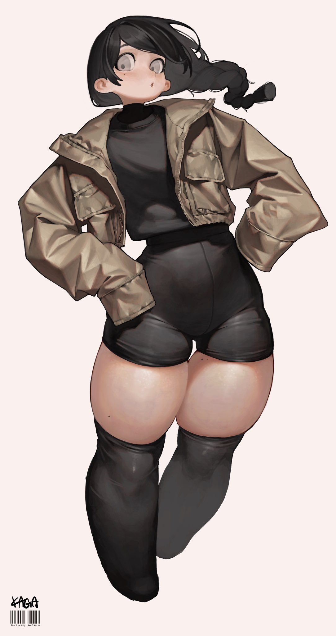 the image is a digital painting of an animestyle girl. she has dark hair in a ponytail, and she's wearing a beige jacket, black shorts, and black socks. her expression is somewhat surprised or startled. she has thick thighs and is posed in a slightly offbalance stance. the art style is smooth and slightly stylized, with soft shading and highlights. the background is plain white, focusing attention on the character. the overall impression is of a cute, stylish, yet somewhat quirky character.