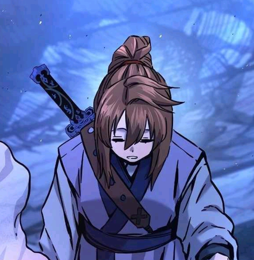 a person with brown hair tied in a knot on top of their head, wearing traditional clothing with a sword strapped to their back. the background appears to be a blurry, blueish pattern.