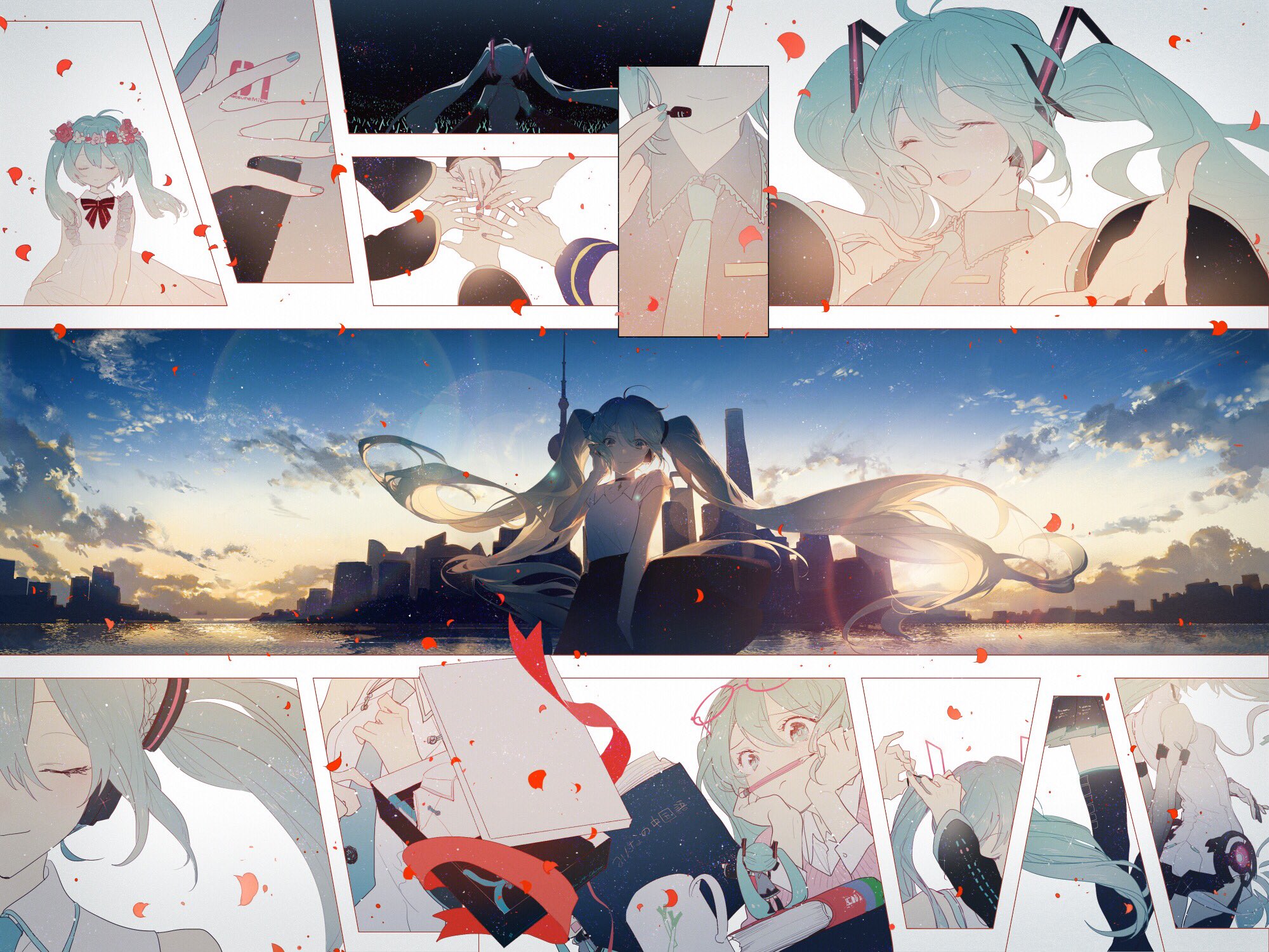 the image is a compilation of comicstyle panels featuring hatsune miku in various settings and outfits. the style is stylized and features soft colors and falling rose petals. one panel shows miku in a weddinglike dress with a flower crown. other panels depict her in school uniforms, working with books and pencils, and in a futuristic outfit. a central panel showcases miku in front of a cityscape at sunset.