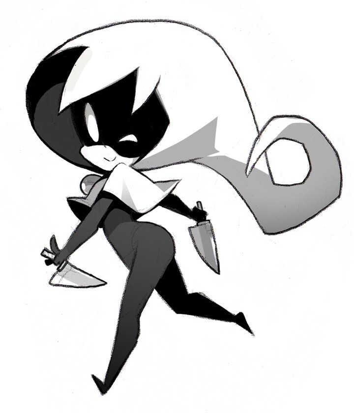 a small stylized character in a hooded outfit is running towards the viewer. they appear to be dual wielding two knives, one in each hand.