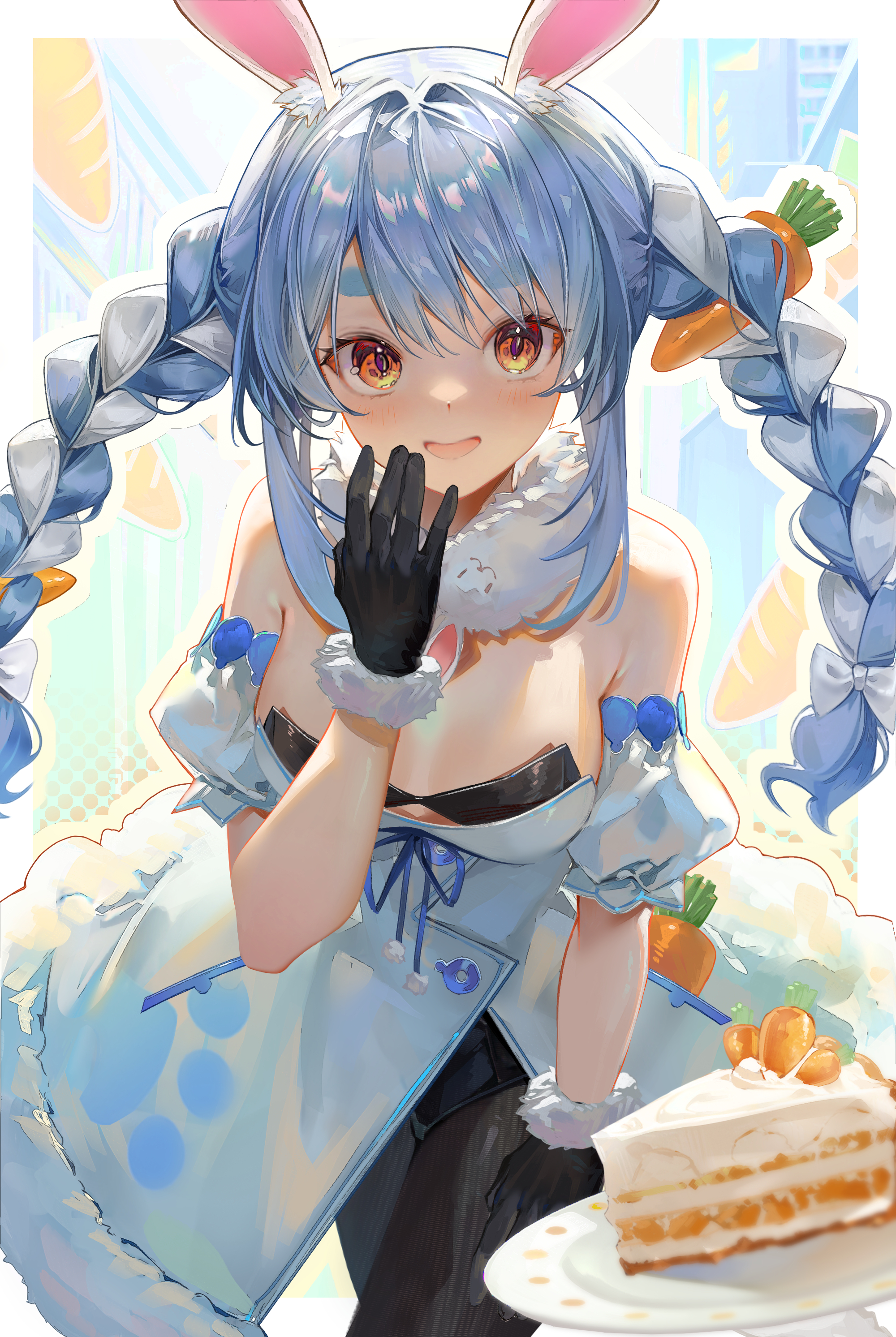 the image features a fullbody illustration of usada pekora, a virtual youtuber (vtuber) from hololive. she is an animestyle character with light blue hair styled in pigtails, each adorned with a carrot. she wears bunny ears, indicating her rabbitlike persona. pekora is wearing a light blue dress with a white ruffled collar and cuffs, along with black gloves. she has a small, coy smile and one hand partially covering her mouth. beside her is a slice of cake with visible carrot pieces, placed on a white plate with gold polka dots. the background is blurred, suggesting an indoor setting.