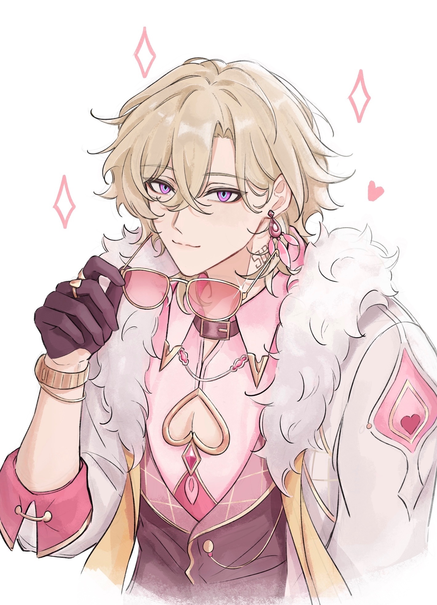 a cute and friendlylooking anime boy with blonde hair and pink sunglasses smiles down at the viewer. he is dressed in a white jacket with fluffy fur trim, a pink heartshaped shirt and necklace, a diamondshaped bracelet, and heartshaped earrings.  he is surrounded by sparkly diamondshaped symbols and a pink heart, which give the image a magical feel.