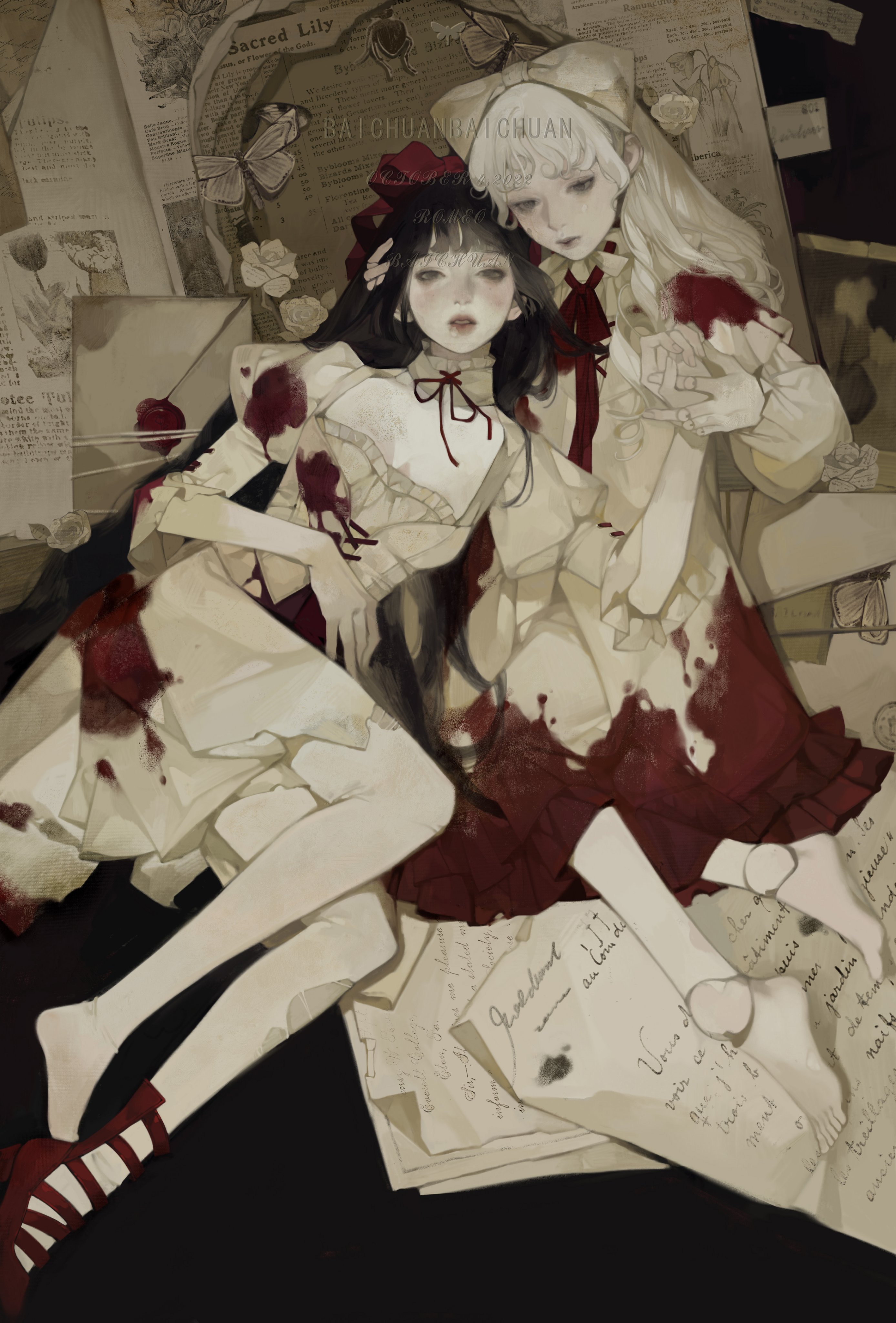 the image shows a cartoon illustration of two young girls in white and red dresses, laying on a floor covered in papers with a redish