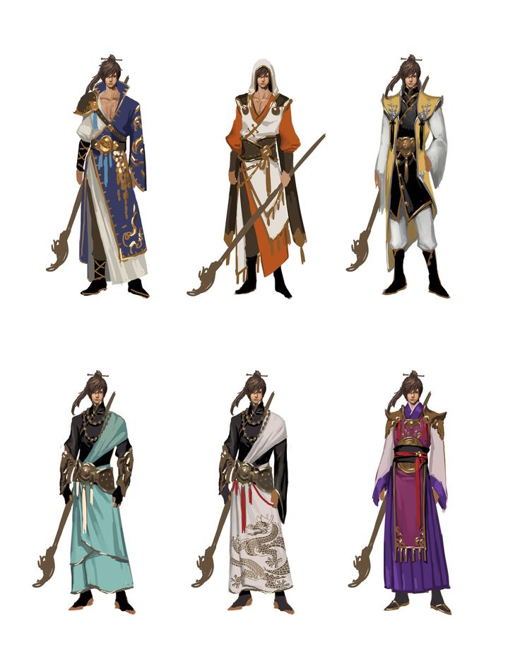 an illustration featuring six male characters in different outfit designs, each holding a staff weapon. the designs are in a fantasythemed style, with a variety of colors and patterns on the clothing.  the characters are all drawn in a style that is reminiscent of anime or manga.  the characters are all standing in a similar pose, with one hand on their staff and the other hand on their hip.  the characters have a serious expression on their faces, and the illustration overall conveys a sense of power and strength.