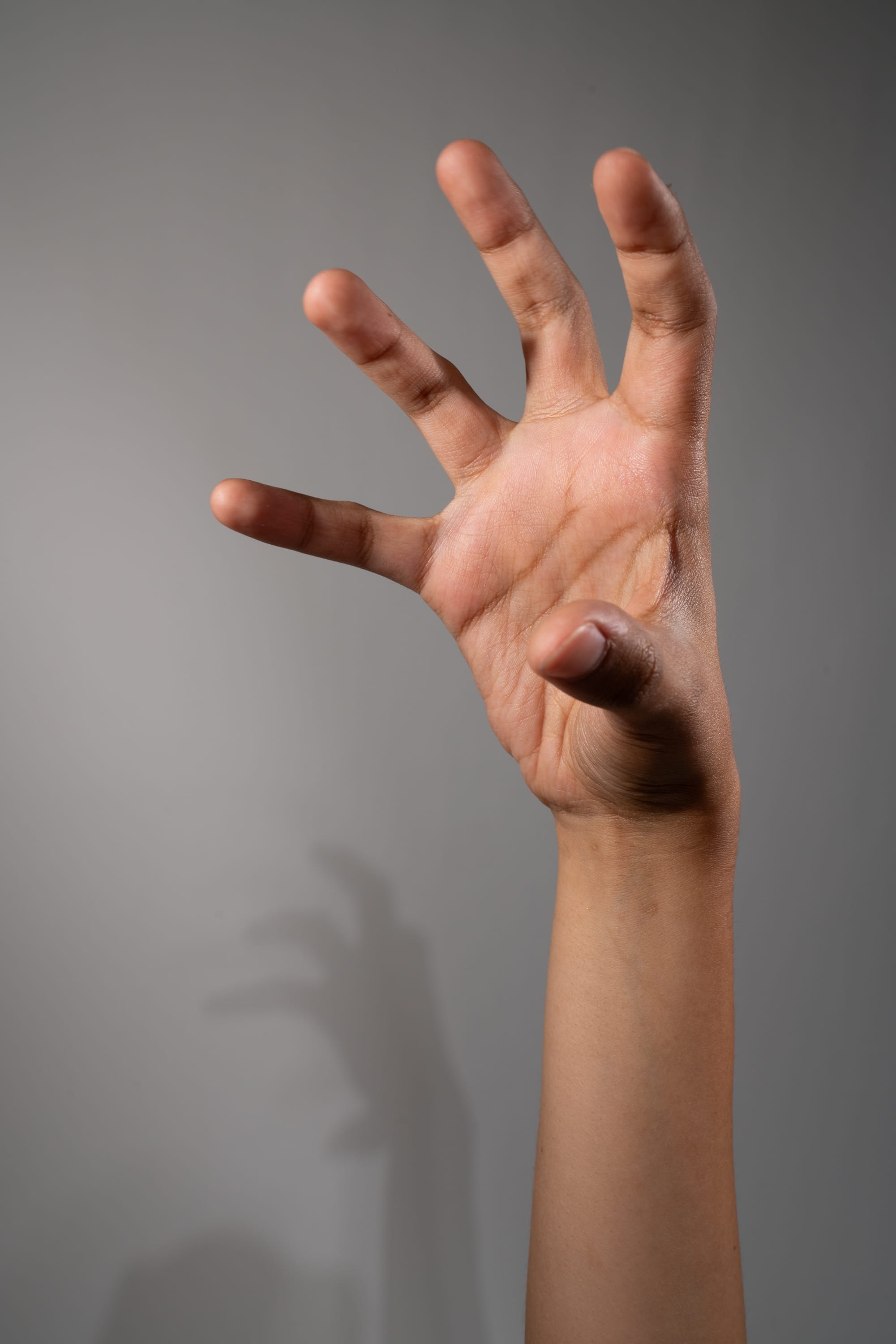 the image showcases a right hand extended upwards against a gray background. the hand, exhibiting a light brown complexion, is positioned in a grasping posture, with fingers outstretched. a distinct shadow of the hand is cast on the wall to the left, adding depth and dimension to the composition.