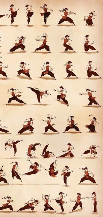 a series of sketches depicting a female character in various martial arts poses against a beige background. the drawings are done in a loose, expressive style, capturing the fluidity and power of her movements.  it appears to be an animation study focusing on movement and action poses, potentially for character design or reference.