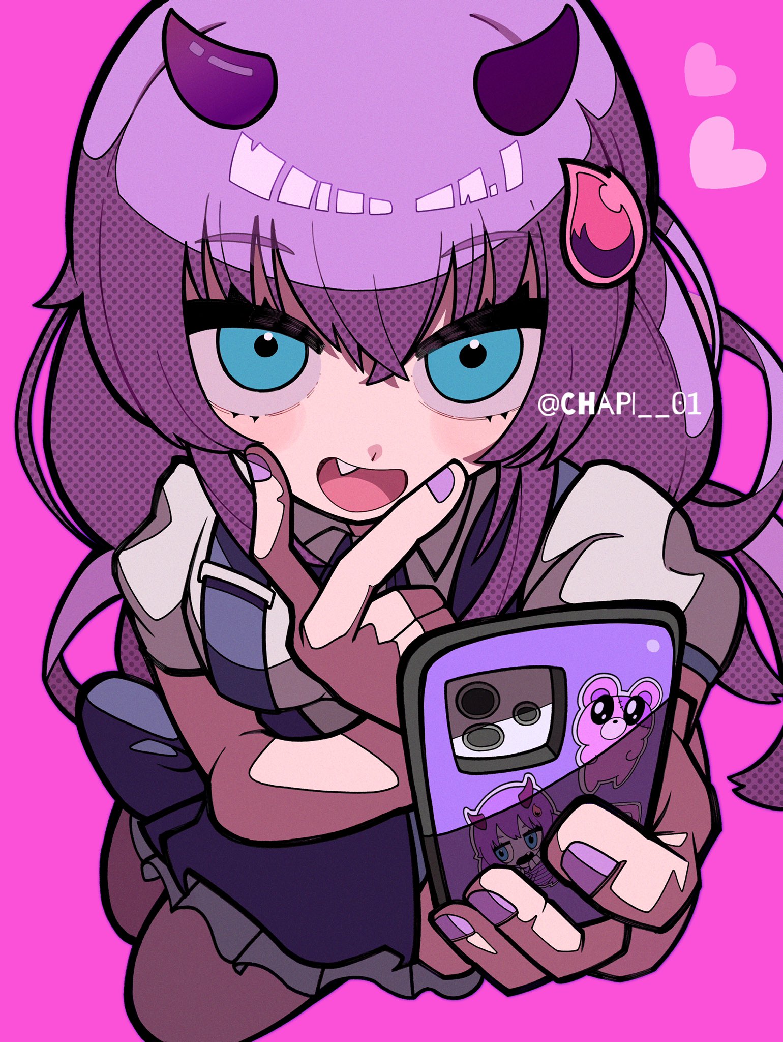 this is a digital illustration of a cute anime girl with purple hair and demon horns. she is wearing a purple and white outfit and is holding a phone in her hand. the phone has a colorful phone case and the screen is showing a little pink monster in a heart shaped frame. the background is pink with hearts floating in the background. the girl is smiling and looking at the viewer.