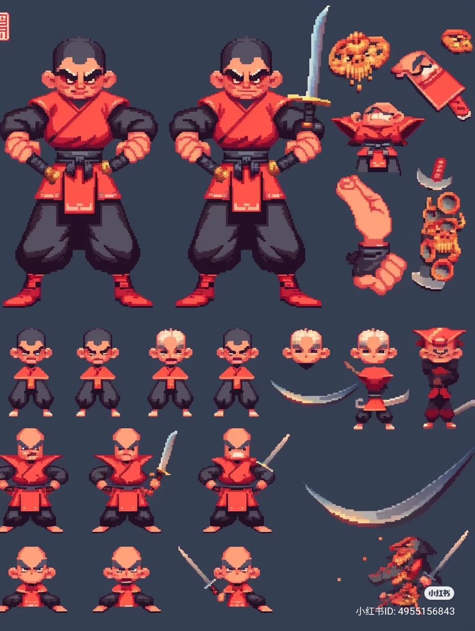this image showcases the different sprites and assets for a video game character. the character is a pixel art warrior or monk, designed in a classic arcade style. he is wearing red robes and black pants, armed with a katana.  the image displays various poses, facial expressions, and weapon angles for animation purposes. there's also a disassembled view of his body parts and accessories like the katana and a golden mask.  the background is a neutral gray.