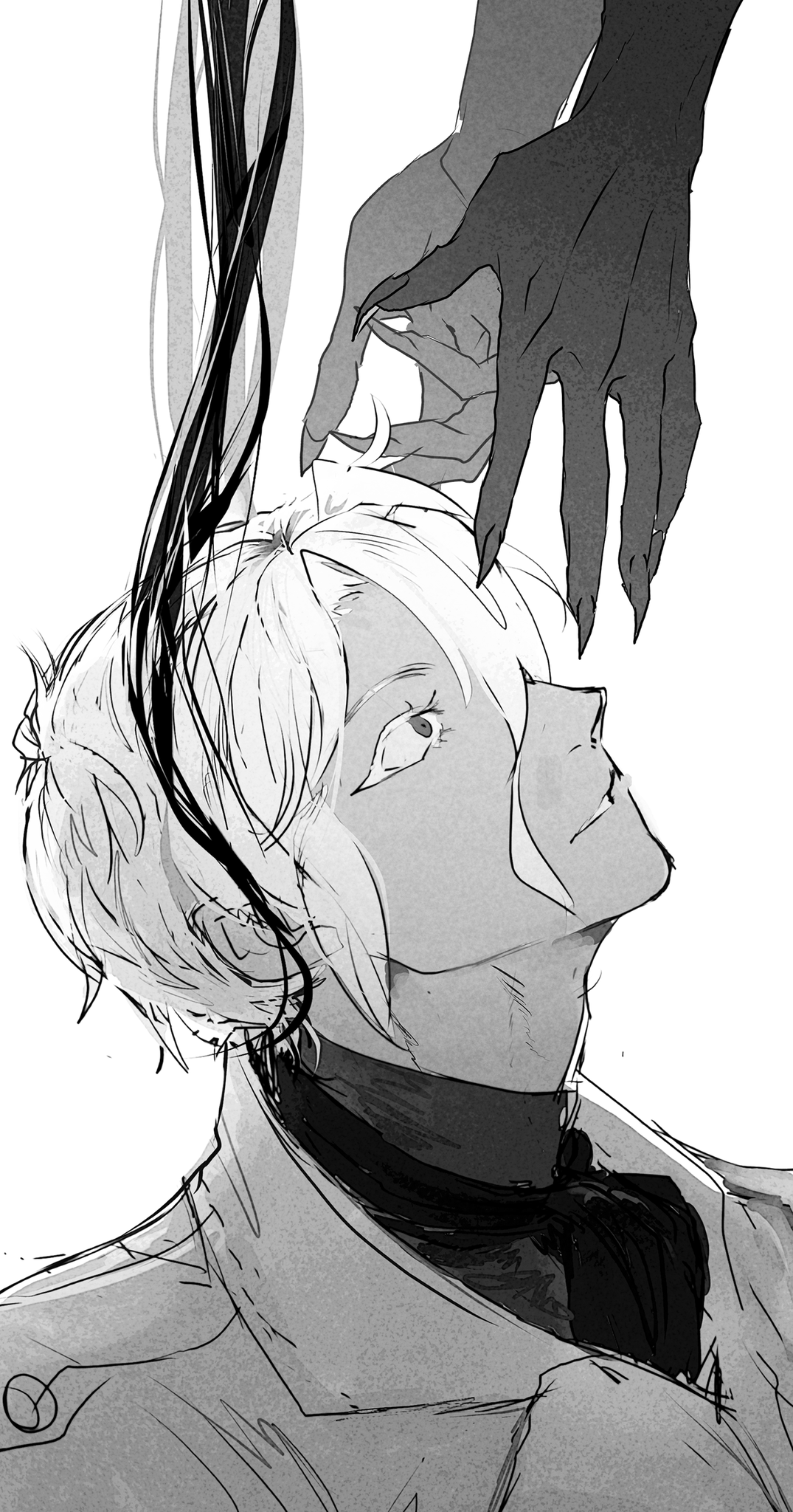 this image is a black and white manga or anime style drawing. it depicts a man with white hair and a black tie looking up at a hand reaching towards him.  the hand has long claws and appears to be dark and menacing. the man's expression is one of fear or submission. the image is drawn in a sketch style and there are visible lines from the artist's hand.  the background is white.