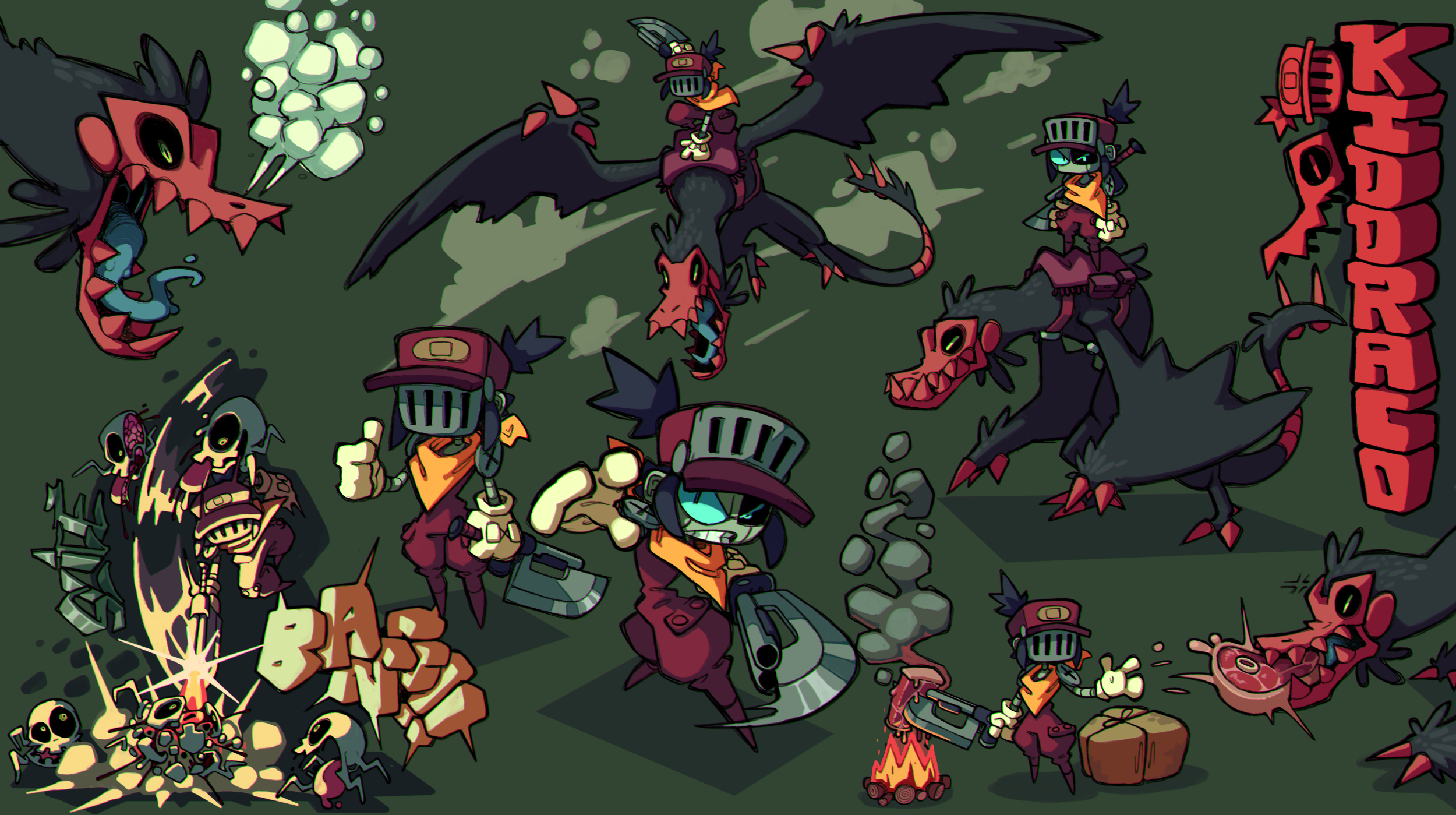 his vibrant and dynamic illustration showcases a fierce female character in a variety of poses and interactions. with a stylized, almost cartoonish art style, she battles monstrous creatures in a cavelike environment. the dynamic lighting and angles emphasize the action, hinting at a larger story within the scene. the character's design is a mix of cute and badass, armed with a cleaver and riding a fearsome, yet somewhat goofy, reptilian mount. from battling bone creatures to cooking meat over a fire, the image tells a story of a skilled hunter thriving in a dangerous world.