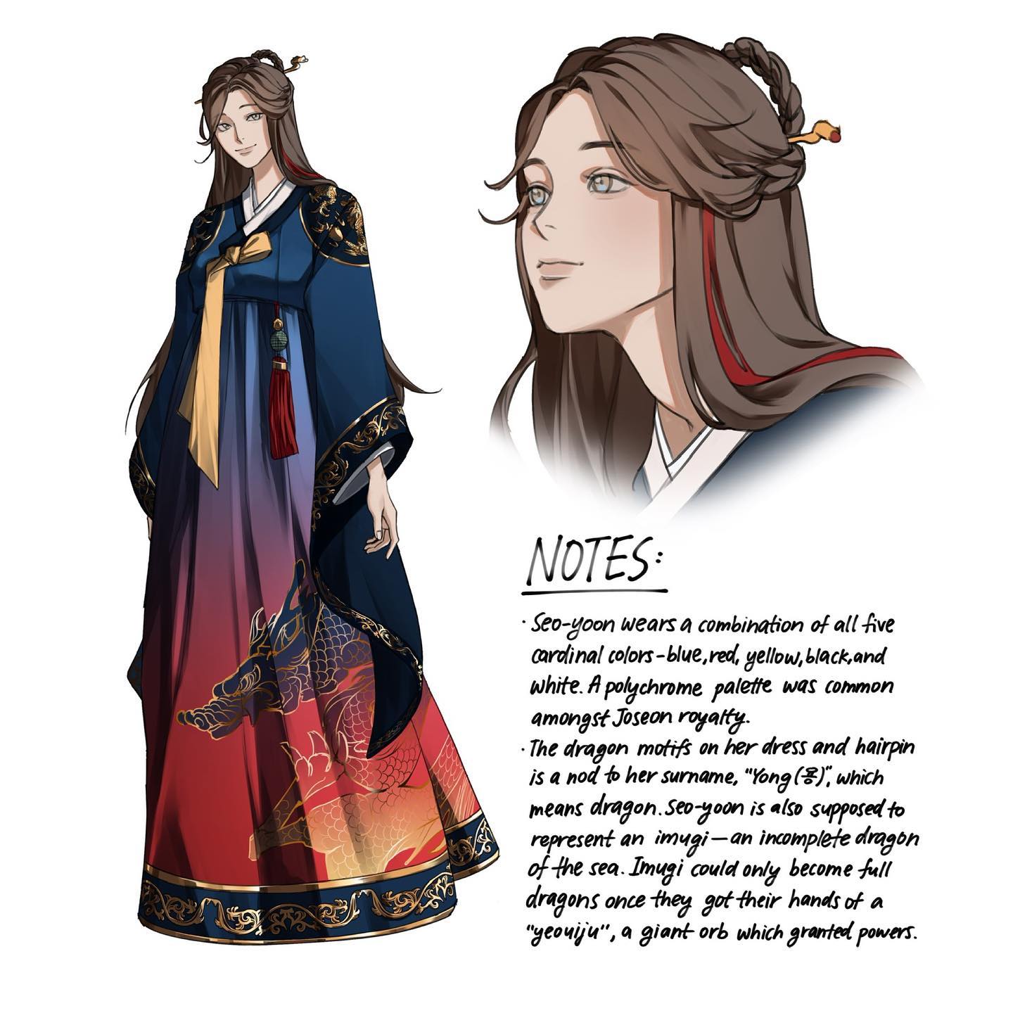 the image showcases a detailed illustration of a female character, seoyoon, dressed in a vibrant and ornate hanbok (traditional korean dress).  her attire incorporates a polychromatic scheme of blue, red, yellow, black, and white, reflecting the color palette common among joseon royalty.  dragon motifs are prominently displayed on her dress and hairpin, referencing her surname, "yong" (meaning dragon). accompanying notes explain that seoyoon represents an "imugi"—an incomplete sea dragon—destined to become a full dragon upon obtaining a "yeouiju," a powerful orb. the image includes both a fullbody illustration of seoyoon in her hanbok and a closeup portrait showing her facial features and hairstyle. the style is reminiscent of concept art or character design for a game or book.
