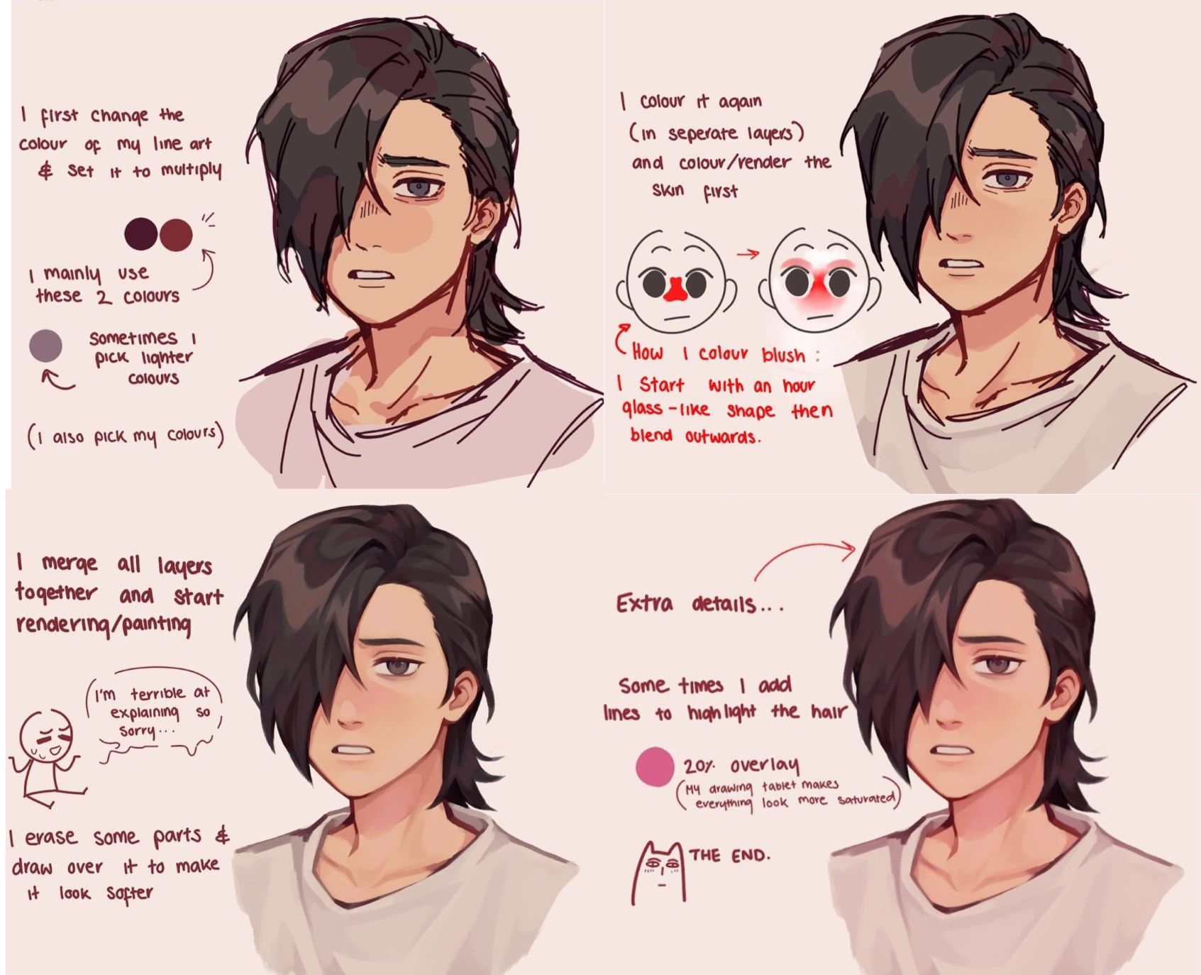 this image is a digital art tutorial showing the steps involved in creating an animestyle character portrait. the tutorial starts with a basic line art sketch, and then goes through the process of coloring, shading, and adding details, explaining each step clearly. the tutorial also provides tips and tricks on how to create realistic looking skin and hair.