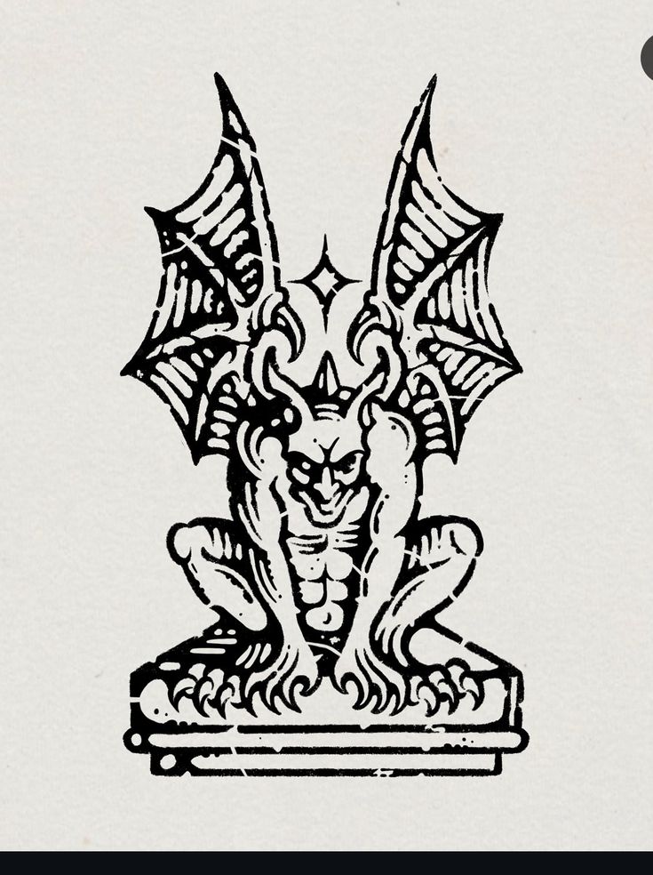 a black and white illustration of a gargoyle perched on a block. the gargoyle has a menacing expression, horns, and large, batlike wings. the image has a gothic and slightly distressed appearance.