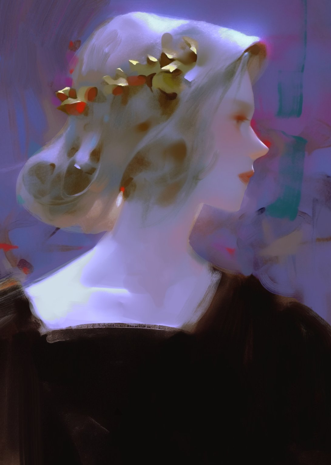 this is a digital painting of a woman with long blonde hair, wearing a black dress and a gold crown. her face is half turned away from the viewer and her expression is soft and dreamy. the painting is done in a style that is both realistic and ethereal, with soft lighting and a subtle use of color.  the woman is positioned against a background of purple and blue. the painting evokes a sense of mystery and beauty.
