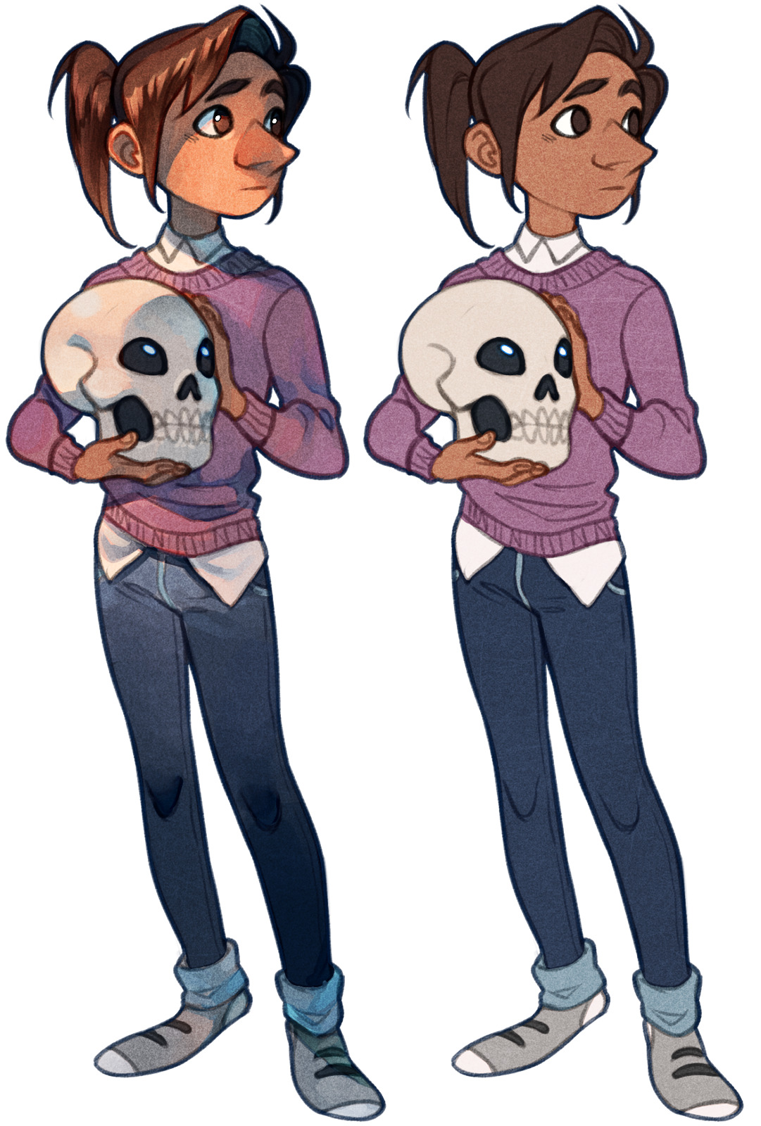 the image shows the same cartoon girl drawn twice, side by side.  she's holding a cartoon skull.  the only difference between the two drawings is her skin tone.