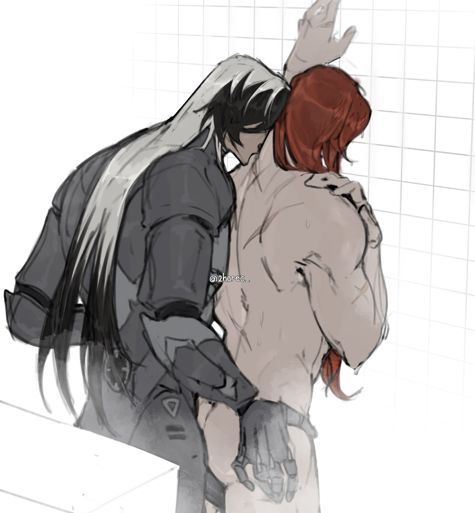 the image is a digital fanart depicting a romantic, intimate scene between two muscular men in a shower. one man with long gray hair is clad in dark, armored clothing, while the other man, with long red hair, is mostly nude, his body glistening with water.  the man in the armor is embracing the other from behind, their bodies pressed together suggestively. the art style is in grayscale, with soft shading and a slightly sketchy quality. the background is a simple tiled shower wall. the overall atmosphere is sensual and suggestive, implying a romantic relationship between the two figures.