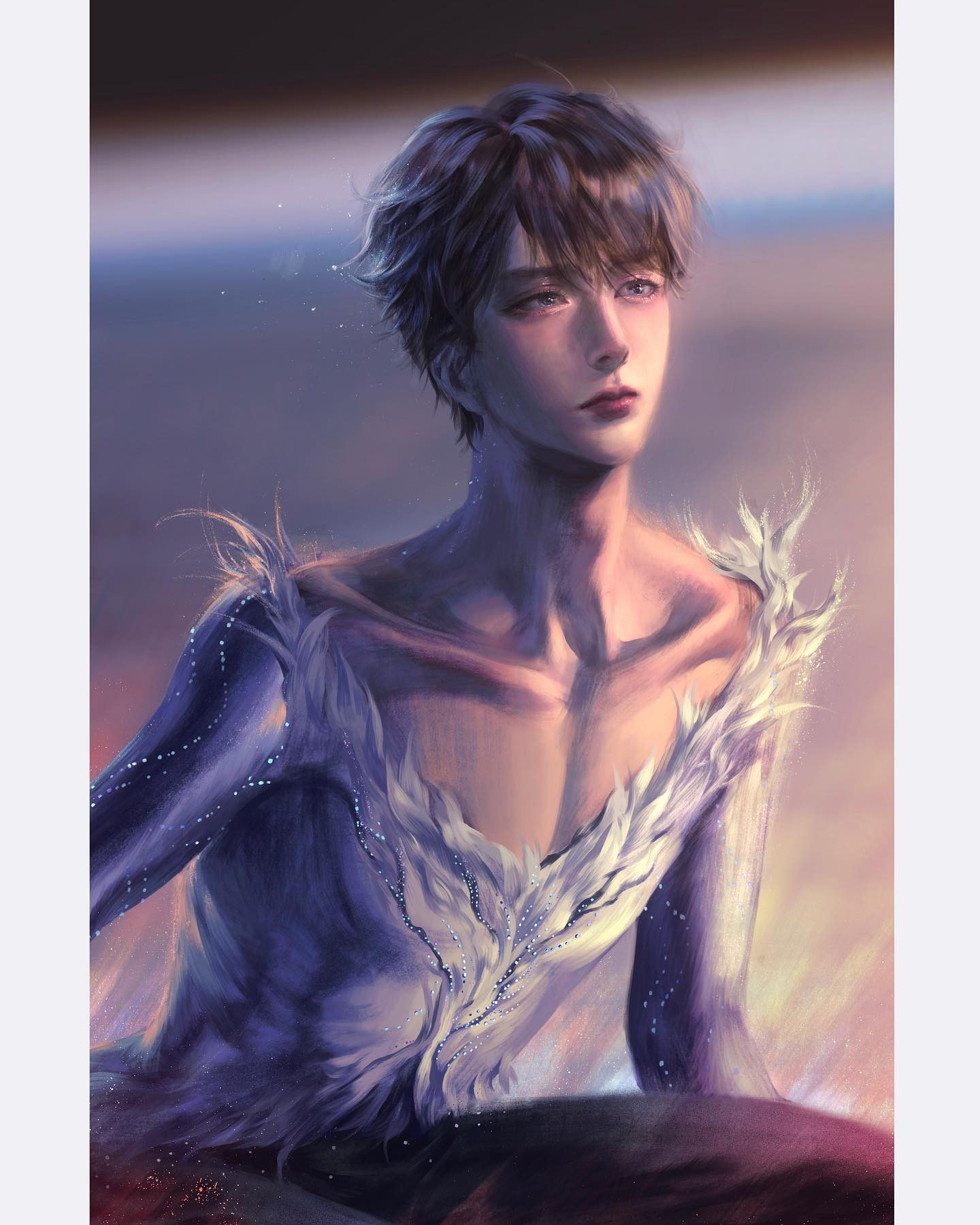the illustration showcases a male figure skater, captured in a moment of quiet contemplation. he is depicted seated on the ice, likely after a performance. he is dressed in an elaborate, feathered costume of white and blue hues, suggesting the elegance and grace of his sport. the lighting is soft and diffused, mimicking the atmosphere of an ice rink, with a subtle spotlight effect drawing attention to the skater's face. the overall mood is one of introspection and serenity.