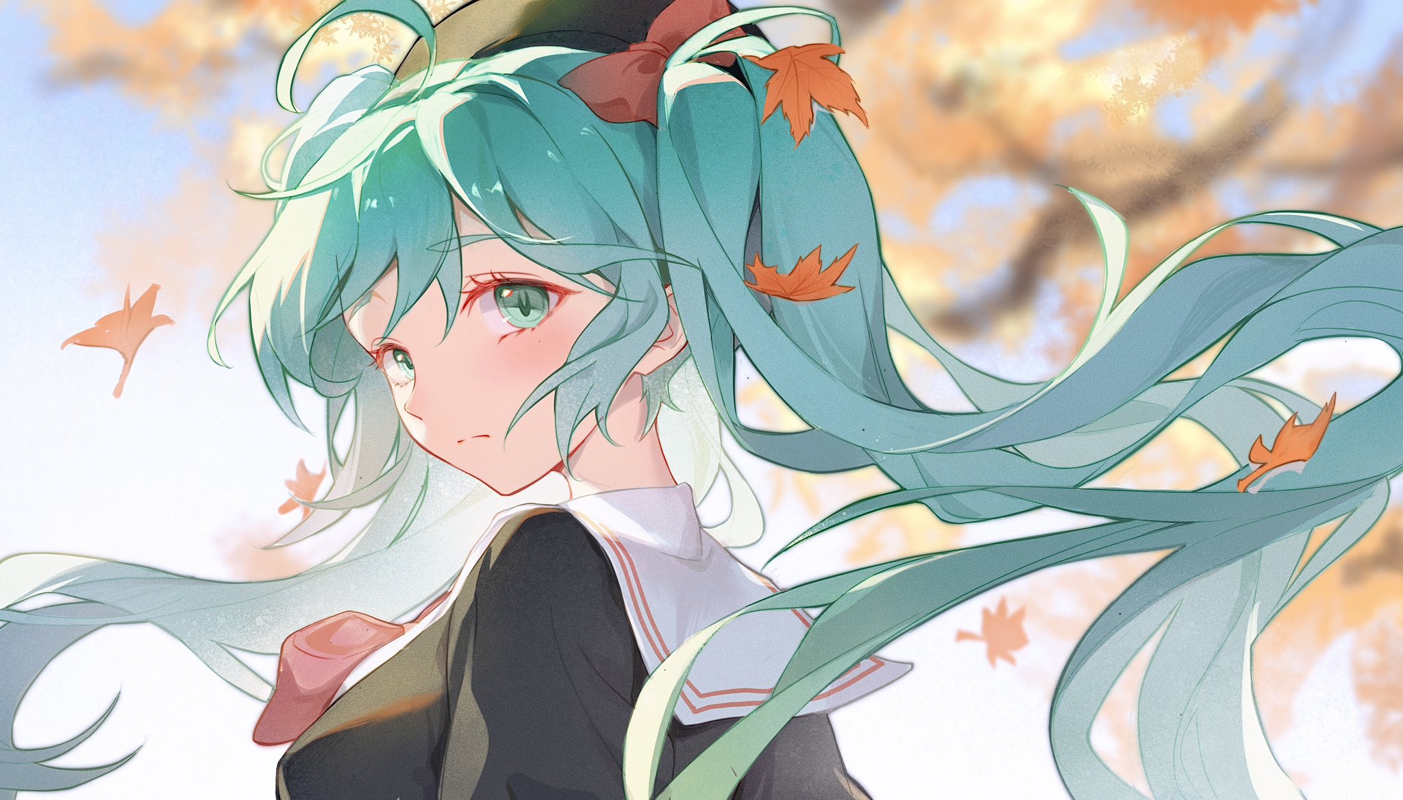the image is a digital painting or illustration of an animestyle girl with long, flowing teal hair.  autumn leaves are interspersed throughout her hair and falling around her.  she's wearing a darkcolored school uniform with a sailor collar and a ribbon, and a small hat or beret. her expression is slightly melancholic and she is looking away from the viewer. the background is a soft, blurred autumnal scene with warm, muted colors. the overall style is soft, dreamy, and slightly wistful.