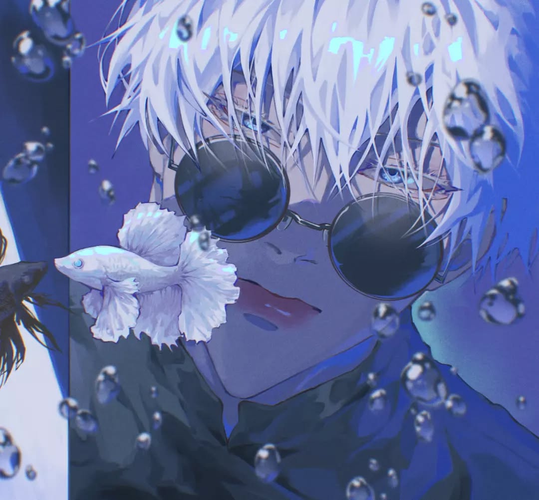the image is a digital painting or illustration of an animestyle boy. he has white hair, is wearing dark sunglasses, and appears to be underwater, surrounded by bubbles. a white betta fish swims near his face. the overall aesthetic is dreamy, serene, and slightly mysterious, with a color palette of blues and purples. the style is highly detailed and focuses on the character's expressive face and the interplay of light and shadow.  the artwork evokes a sense of calmness and tranquility.