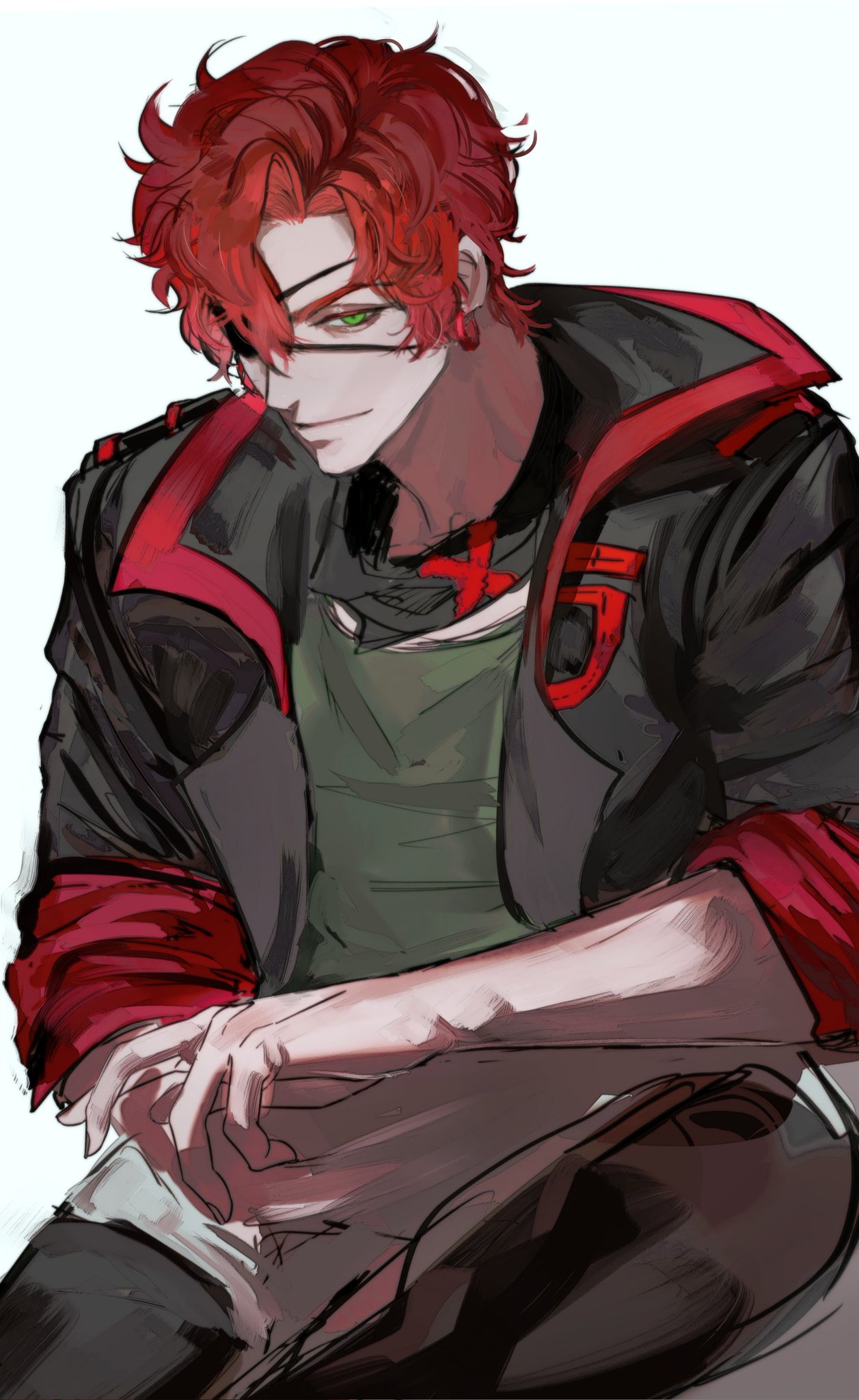 the image is a digital drawing of an anime/manga character. the character is a young male with red hair and green eyes. he is wearing a black jacket with a red scarf. he is sitting with his arms crossed and is looking down. he has a serious expression on his face. the drawing is done in a realistic style with a lot of detail. the background is a simple white.