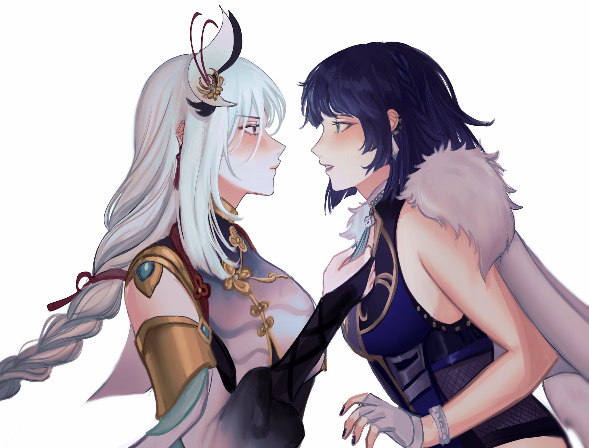 an illustration of two anime girls looking at each other. the girl on the left has white hair and blue eyes. the girl on the right has black hair and purple eyes. the girl on the left is wearing a white and blue dress, and the girl on the right is wearing a blue and black outfit with white fur.