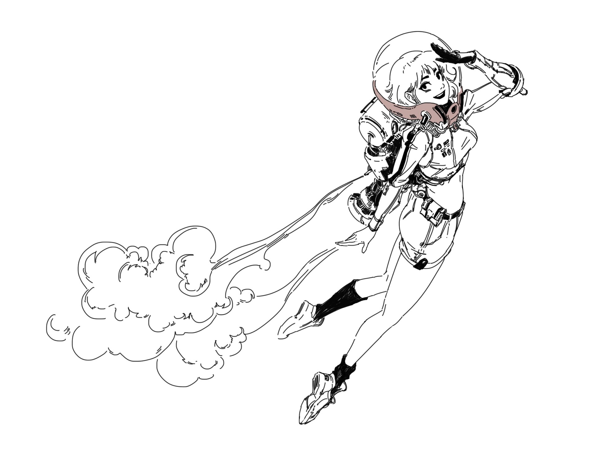 the image is a dynamic line art drawing of an animestyle female astronaut flying through space. she's depicted with a joyful expression, wearing a stylized spacesuit and jetpack, leaving a trail of smoke behind her. the style is reminiscent of manga or graphic novel illustrations, emphasizing movement and energy. the background is white, drawing attention to the astronaut and her action. the overall feel is futuristic and adventurous, suggesting a sense of freedom and exploration.