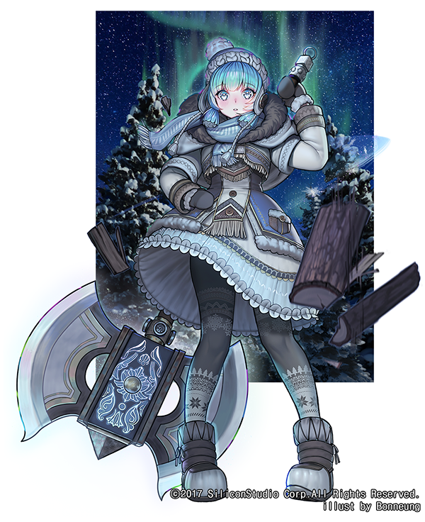 this is an illustration of a cute anime girl wearing a white winter coat and hat, holding an axe, and standing in a snowy forest. the sky is dark blue with green aurora borealis in the background. the girl looks adorable and strong, with a determined expression on her face. it is a beautiful illustration that captures the spirit of winter.