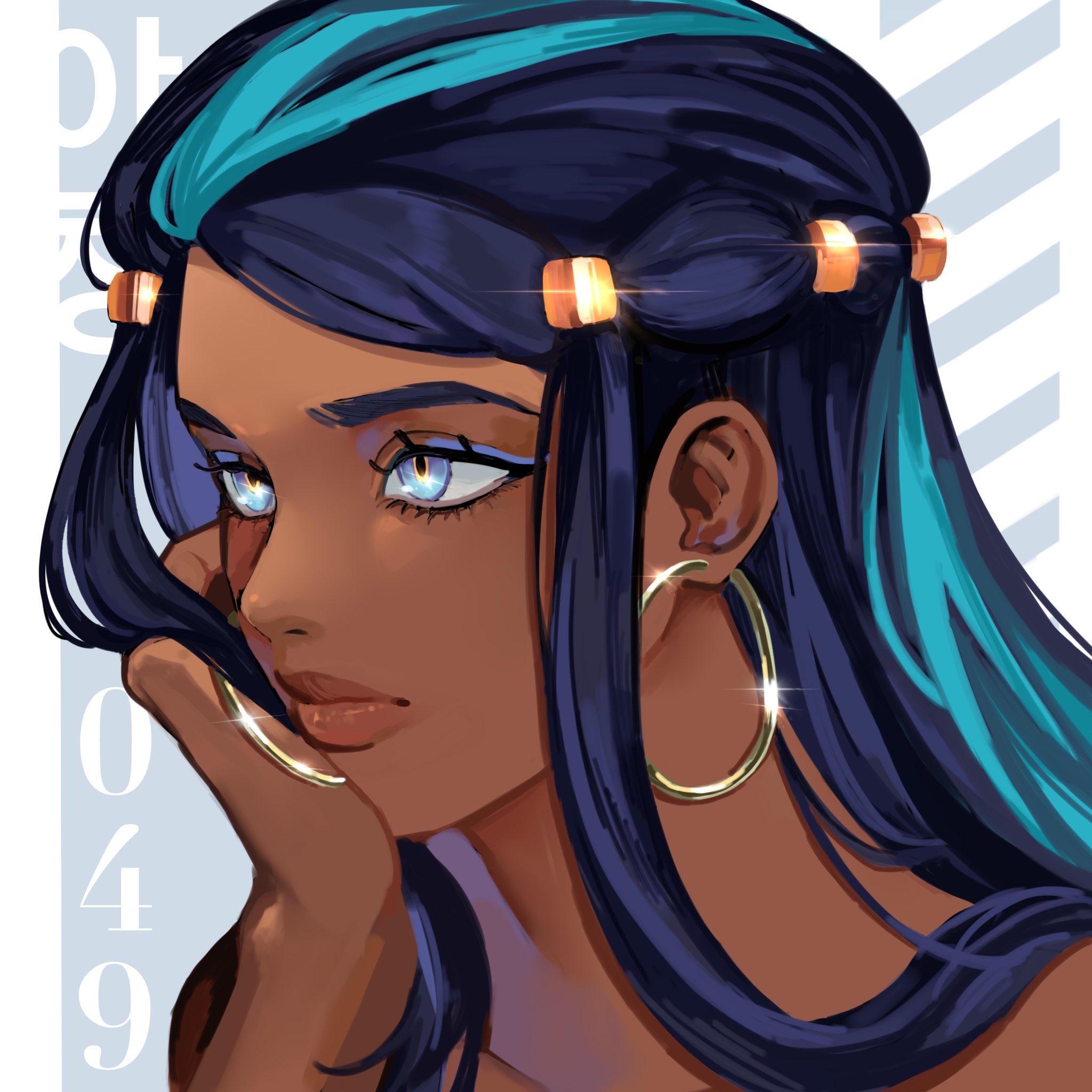this is a digital illustration of an anime girl with long dark blue hair with green highlights and gold hoop earrings. she is looking away from the viewer and has her hand on her chin. she has a serious expression on her face.