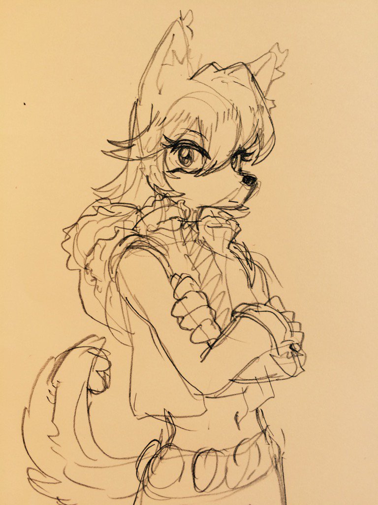 a pencil sketch of an anthropomorphic wolf woman standing with arms crossed. she's wearing a vest and pants, has long hair, and is looking to the left. the image is drawn in a manga/anime style.