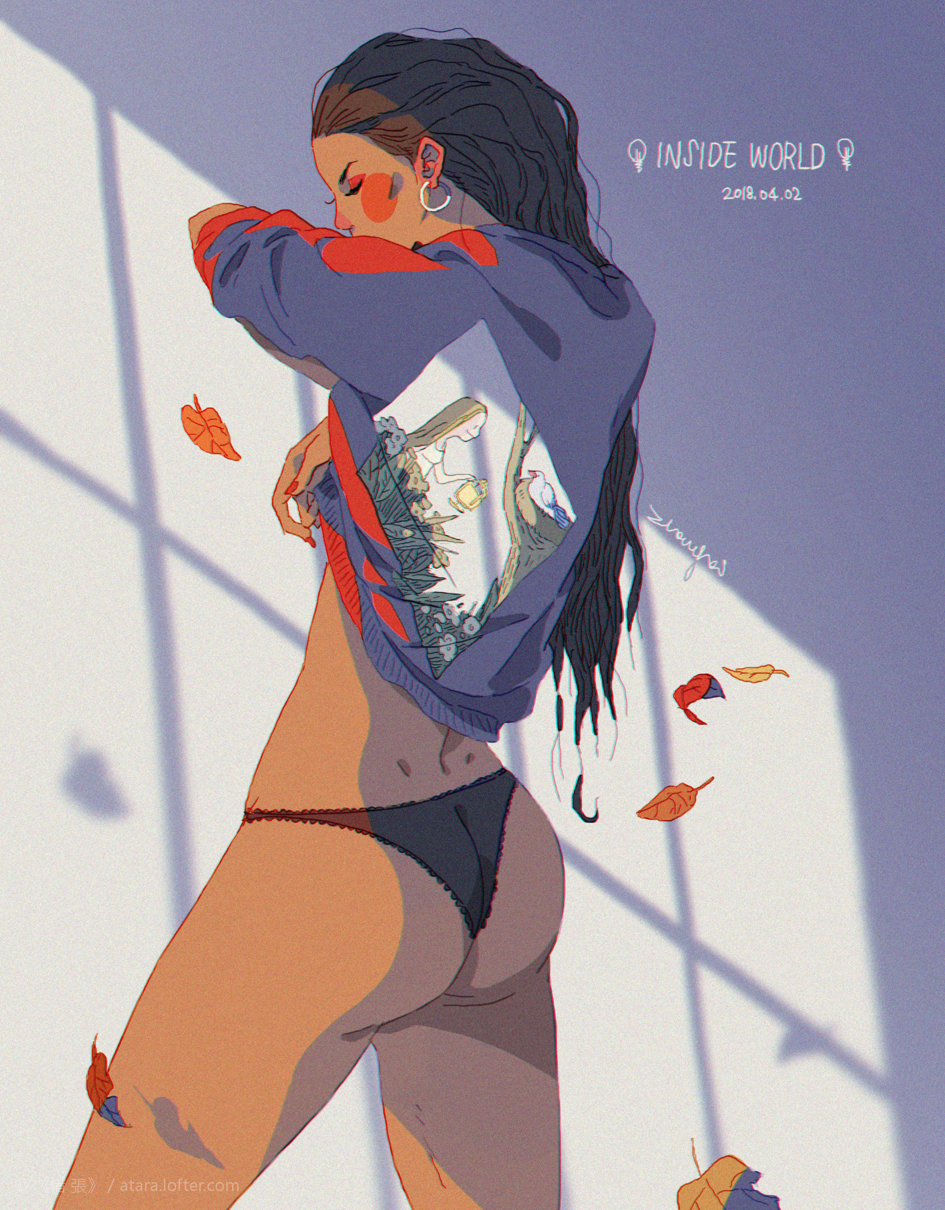 this is a digital art piece of a female anime character.  the character is standing in a pose where she is partially turned away from the viewer, with her jacket pulled back exposing her back and lower torso. her long black hair is flowing down her back, and she has a floral pattern on her jacket.  her underwear is black and there are hints of a black bra underneath the jacket. the scene is taking place indoors near a window, with sunlight filtering through the window and creating a hazy, dreamy atmosphere. the leaves on the window