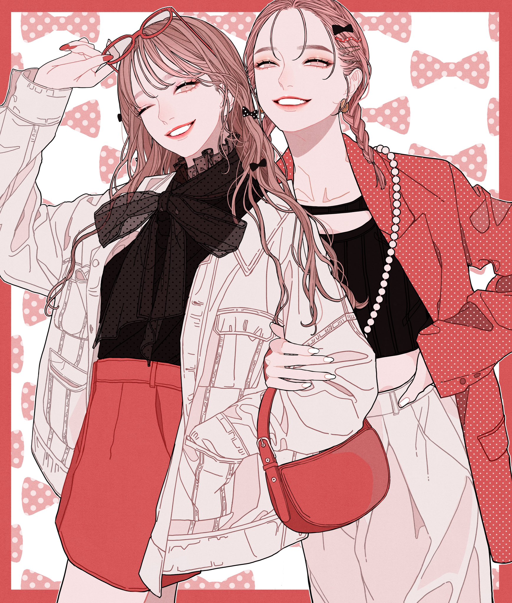 two anime style women are smiling and posing together in front of a background with pink and white bow designs. the woman on the left has reddish hair and is wearing glasses, a black blouse with a large bow, a red skirt, and a white jacket. the woman on the right has pinkish hair styled in braids with bows, and is wearing a black crop top, white pants, a red jacket with polka dots, and a pearl necklace. she has a red purse on her shoulder.