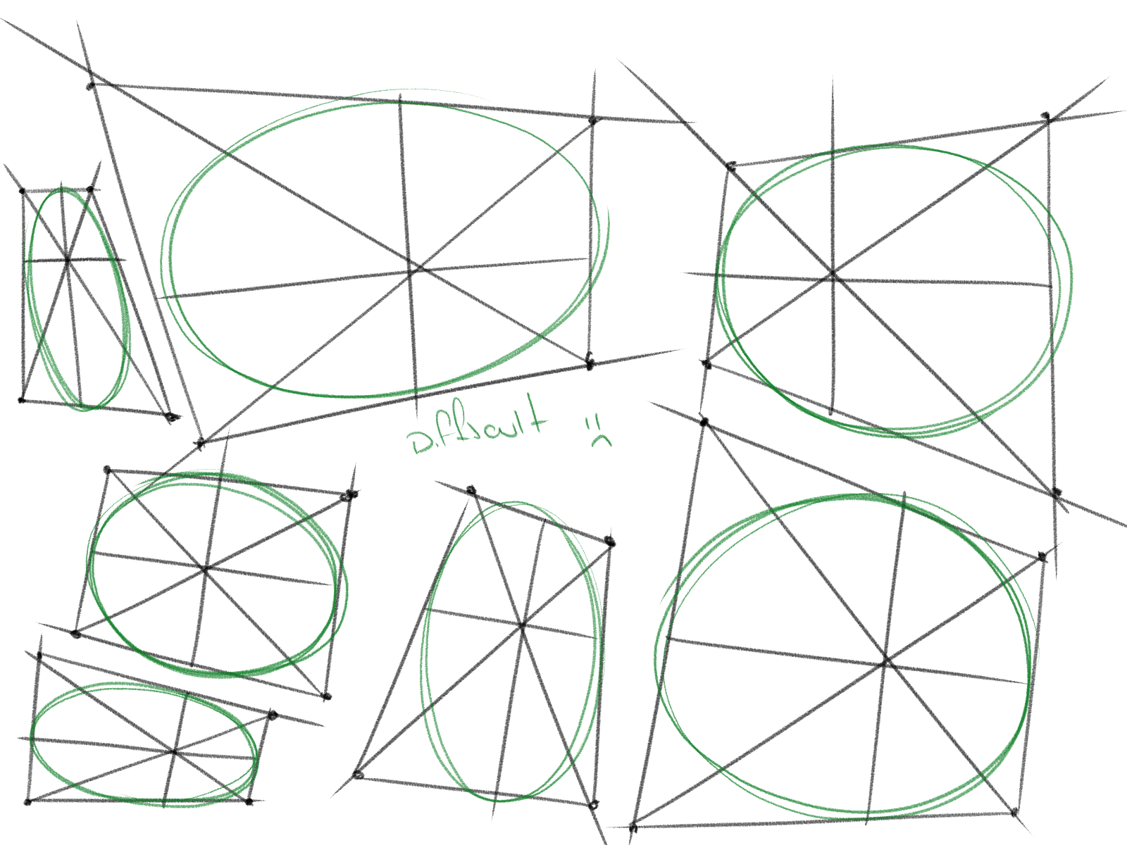the image is a handdrawn sketch featuring various geometric shapes, primarily circles and ellipses.  these shapes are inscribed within and circumscribed around other geometric figures, such as squares and triangles.  the lines used to construct the shapes are visible, creating a complex weblike pattern.  the shapes are drawn with varying levels of precision, showing a slightly uneven style. the word "difficult" is written in the center, suggesting the challenge of creating such constructions. the overall aesthetic is one of mathematical exploration and artistic expression.
