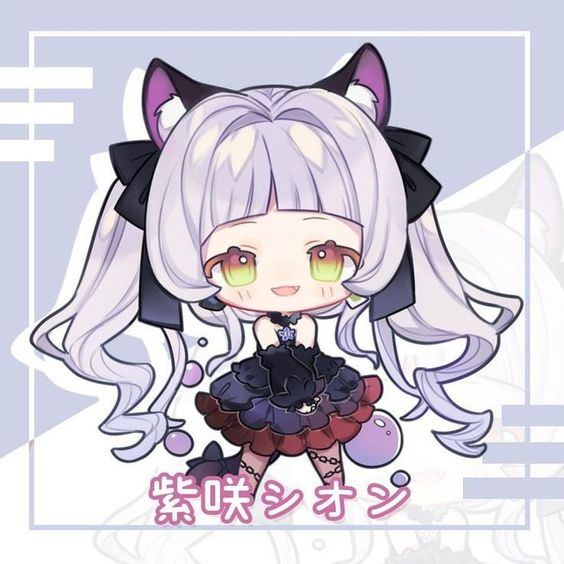 the image features an adorable anime girl in a chibi art style.  she's depicted as a cat girl with cute cat ears and purple eyes.  the girl is wearing a stylish gothic lolita dress with a predominantly black and red color scheme.  she's surrounded by transparent bubbles, adding to the whimsical feel. the background is clean and white, drawing focus to the character.  japanese text is present beneath the character.