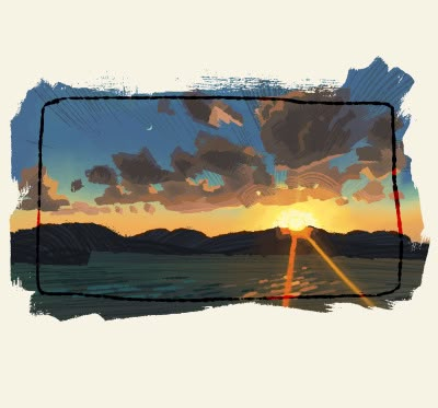 a digital painting depicts a sunset over water with mountains in the background. the sky is filled with clouds in shades of blue, grey, and orange, with the sun setting behind the mountains. its reflection creates a path of light on the water. a small crescent moon is visible in the sky. the style is artistic with visible brushstrokes and a textured feel. a black outline surrounds the landscape painting.