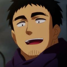 this is a closeup portrait of a smiling man from an anime or manga. he has short black hair and stubble. he is wearing a dark purple scarf or turtleneck. the lighting is soft, and the overall tone is warm.