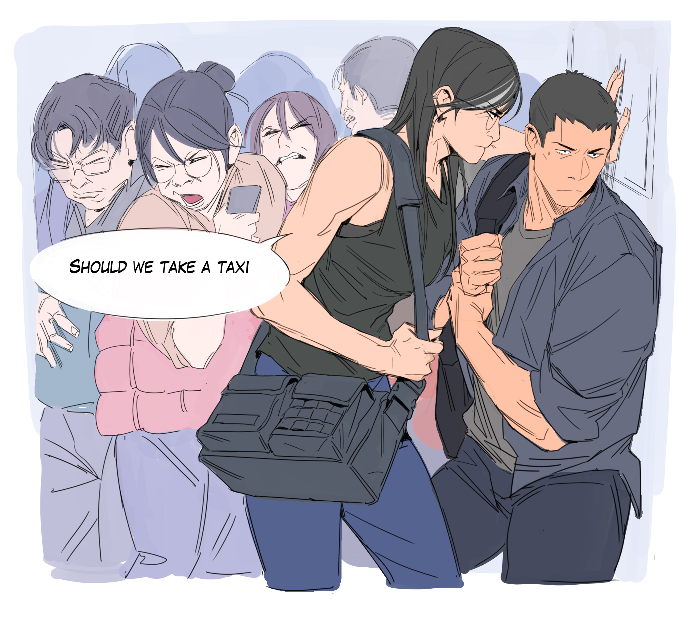 the illustration depicts a crowded public transport scene, possibly a subway or bus.  a woman with a messenger bag is visibly stressed, possibly due to the density of the crowd. she is holding on to a man who appears to be protecting her.  another woman is clearly frustrated, and her face shows discomfort. the overall mood is one of tension and slight anxiety. a speech bubble reading "should we take a taxi?" suggests the characters are contemplating a different mode of transportation. the style of the art is reminiscent of a graphic novel or comic book, featuring distinct character designs and a loose line style. the overall color palette is muted.