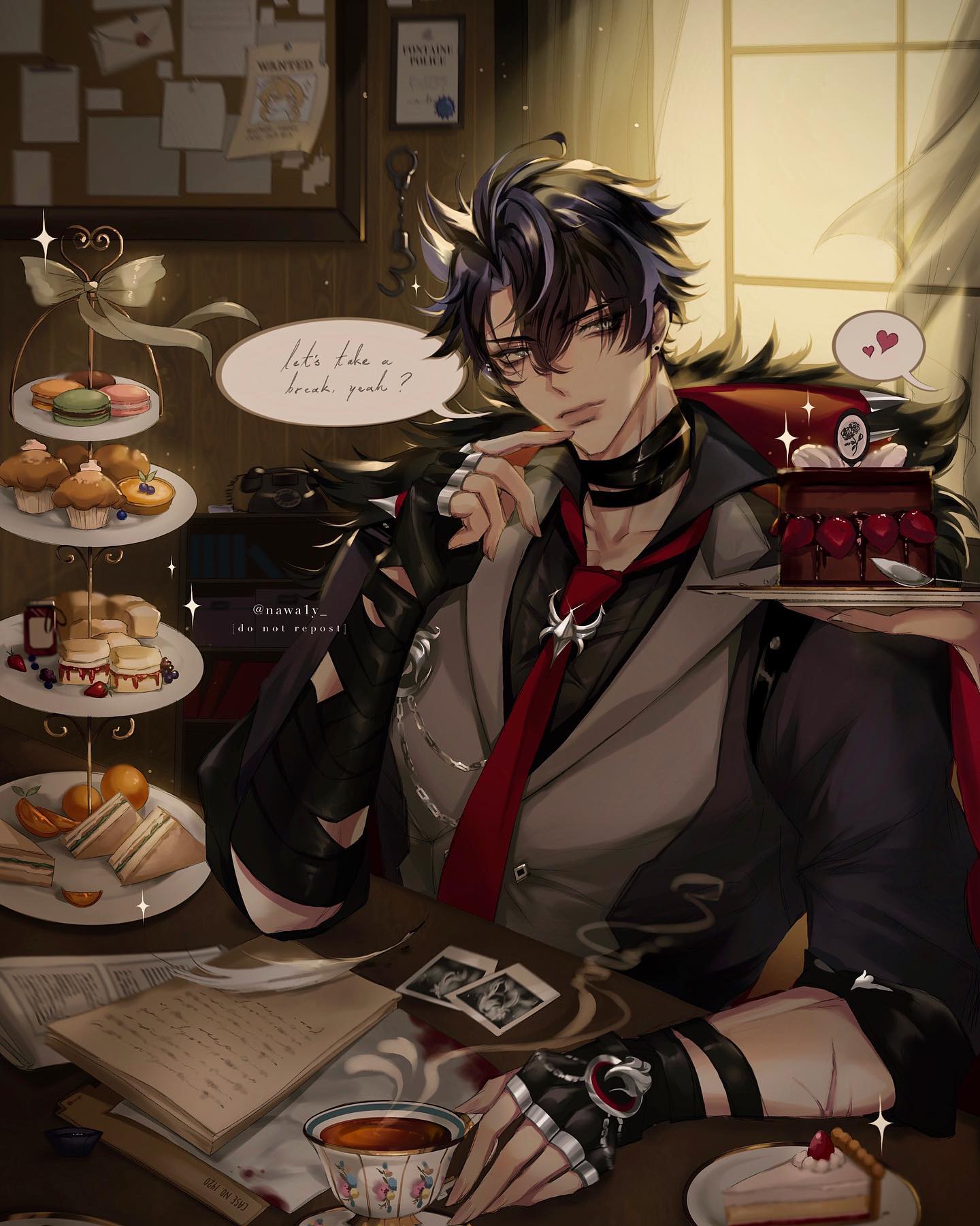 the digital fanart depicts a stylish animestyle male character, possibly a detective or someone involved in a mystery, enjoying an elaborate tea party. he has dark hair, red tie, and is dressed in elegant, almost gothic attire.  he's seated at a table laden with various sweets (cakes, macarons, scones, sandwiches) and a teacup and saucer.  the background suggests an office setting with paperwork, photographs, and wanted posters visible.  a speech bubble indicates he's suggesting a break. the overall aesthetic is dark, sophisticated, and slightly mysterious. the artist's watermark, @nawalys, and a "do not repost" note are visible.