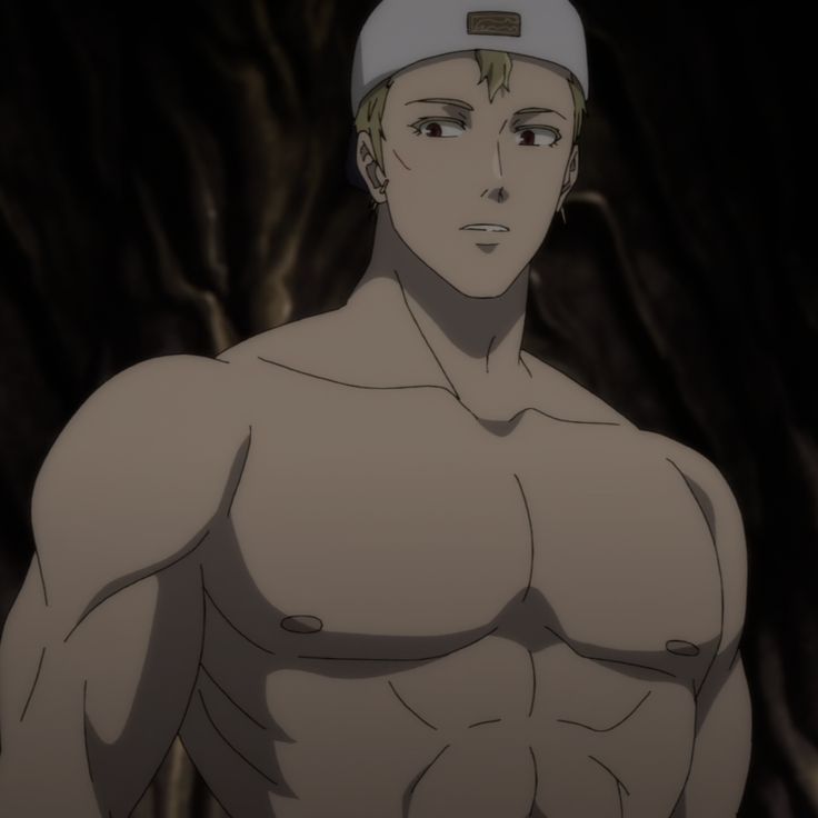 this is a digital illustration of an anime/manga character with blond hair and a muscular build. he is shirtless and wears a white cap. he is looking to the side with a serious expression and seems to be lost in thought. the dark background suggests he may be in a cave or some other dark underground location. the overall style of the image is mysterious and dark, and the character's expression and the setting create a sense of suspense.