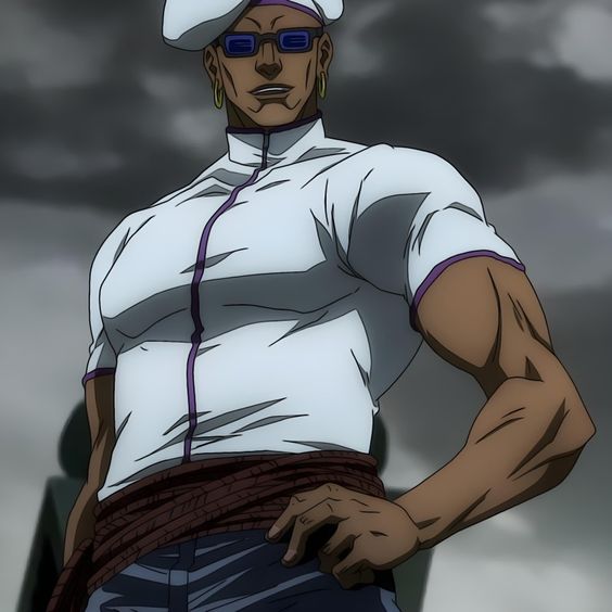 a muscular darkskinned anime character with a white turban and shirt, dark pants, gold earrings, and sunglasses stands confidently, looking at something to the left of the frame.  the lighting is bright, as though on an overcast day. the perspective is a low angle, making the character appear larger.