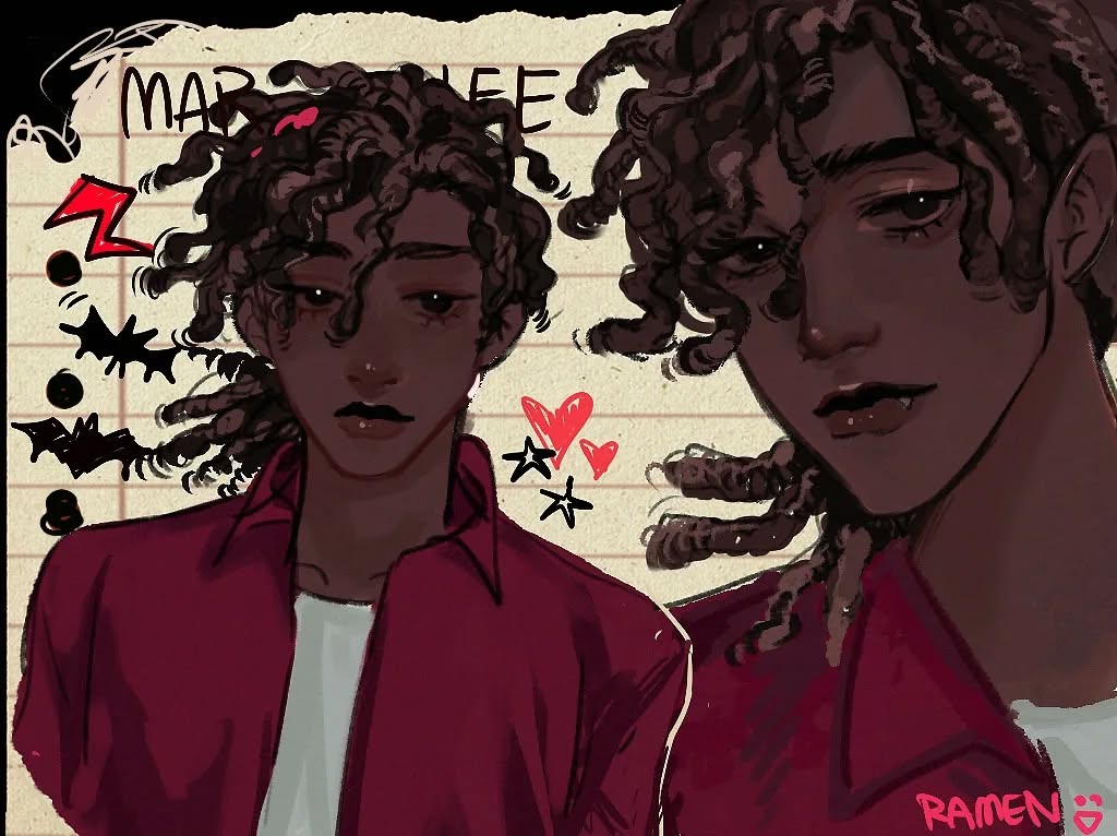 the image is a digital illustration featuring two stylized portraits of a young black male character, seemingly the same person but with slight differences in expression. both characters have dark skin, dark curly dreadlocks, and are wearing a maroon or burgundycolored jacket over a white shirt.  the style leans towards anime or mangainfluenced art.  the portraits are set against a background that resembles a notebook page with doodles including hearts, stars, and bats, suggesting a casual or personal setting. one portrait is labeled "ramen" in the corner. the overall mood is somewhat mysterious and stylish. the art style is loose and painterly rather than highly detailed.