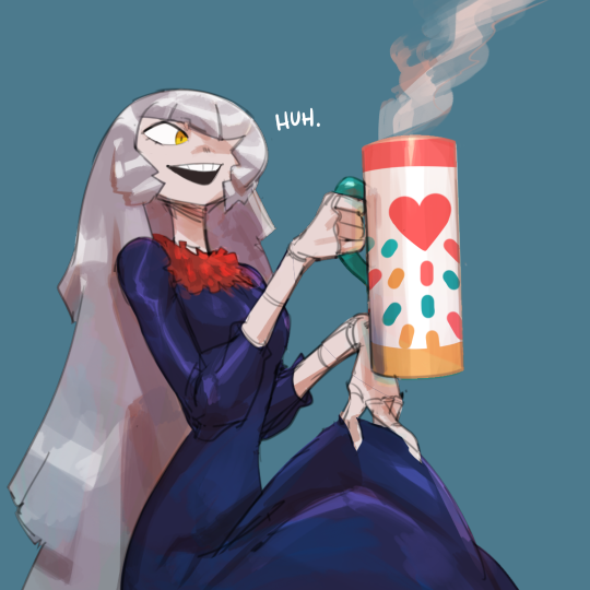 a whitehaired anime girl in a blue dress with a red flower is smiling as she holds a coffee cup in her hand. the cup is red, white, and yellow with a red heart design on it. the girl's hair is very long and covers most of her body. she has long, slender fingers and is sitting in a chair. in the background, there is a blue wall and a white cloud. the text "huh" is written in the upper left corner of the image.