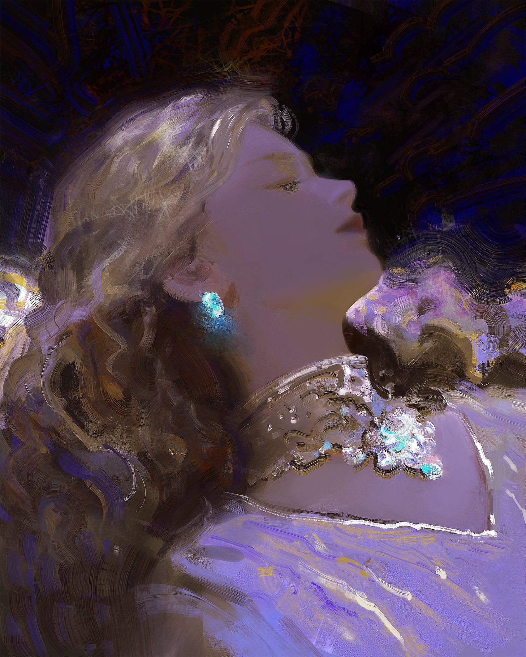 this is a digital painting of a woman with long blonde hair. her face is turned to the side and her eyes are closed. she is wearing a purple dress and jewelry, including earrings and a necklace. the background is abstract and dreamlike, with shades of purple, blue, and white. the painting is soft and gentle, and it creates a sense of romance and beauty.