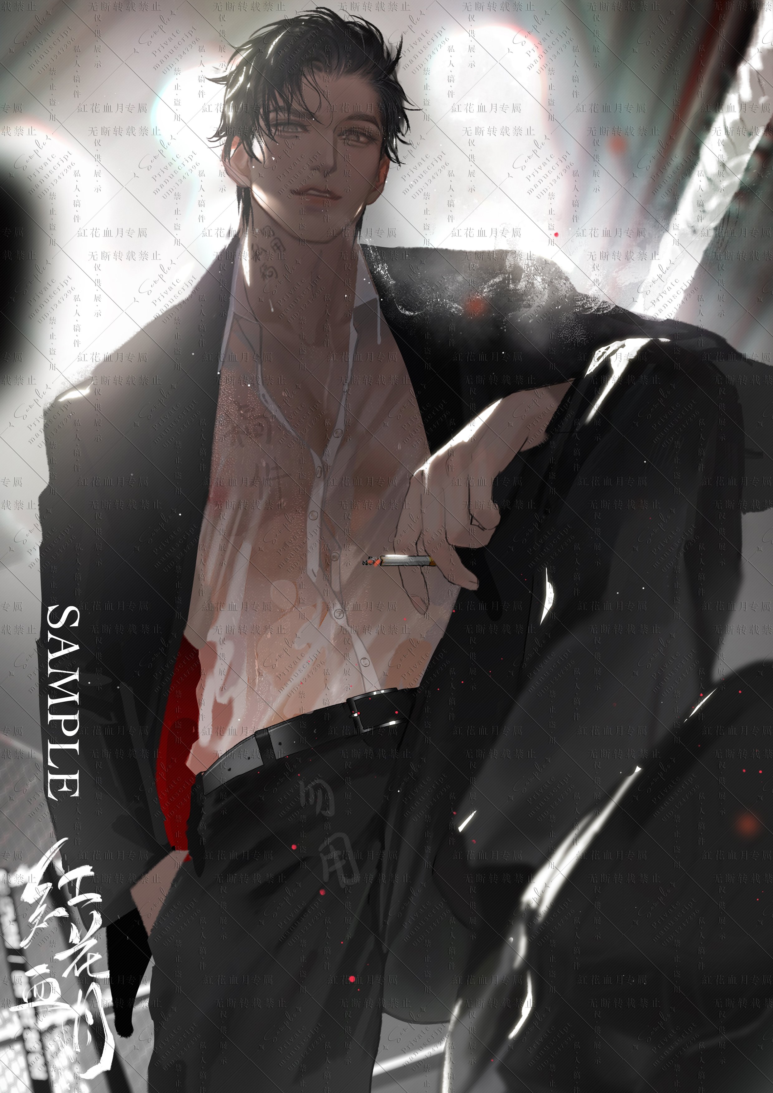 a closeup shot of a handsome man in a stylish outfit. the man is depicted in an anime style, with striking facial features and a sophisticated, slightly mysterious air. he is clad in a dark suit jacket and black pants, his shirt slightly open revealing a hint of his chest. the man is holding a cigarette in his hand, adding a touch of rebelliousness and an air of confidence to his overall persona. the background is blurred, creating a sense of depth and emphasizing the subject of the portrait.