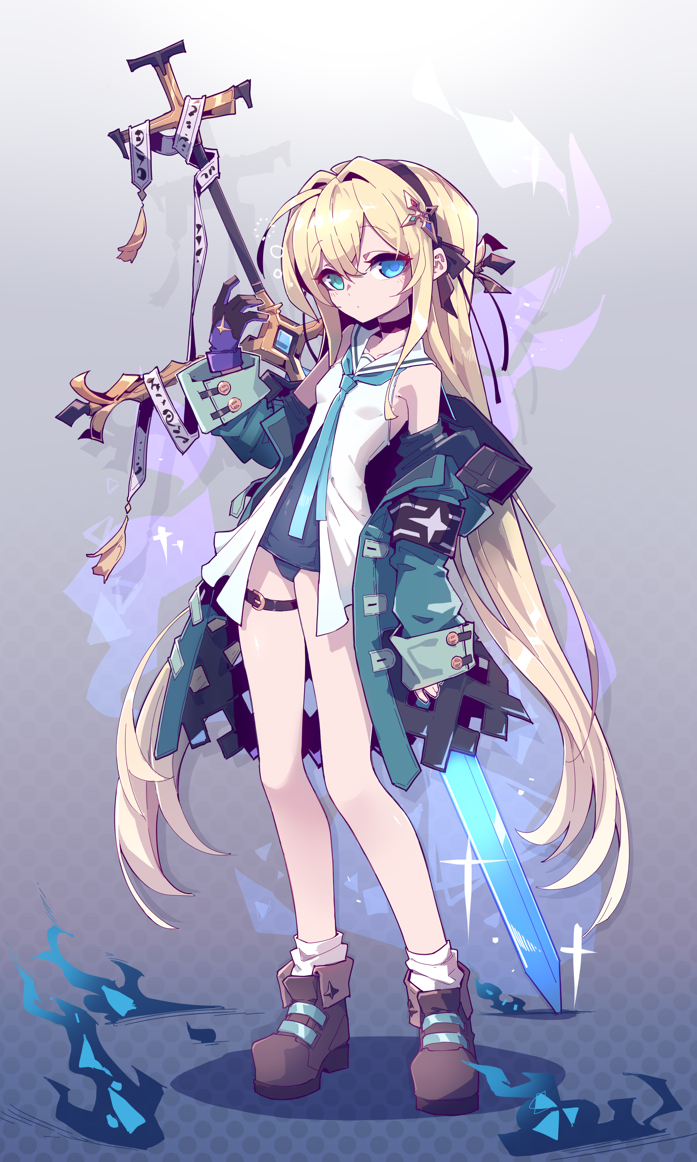 a full body image of an anime girl with blonde hair and blue eyes. she is wearing brown boots, a black choker, a white top, and a teal jacket. she is holding a sword in her right hand and a staff in her left hand. the image has magical effects and spell visuals around her.