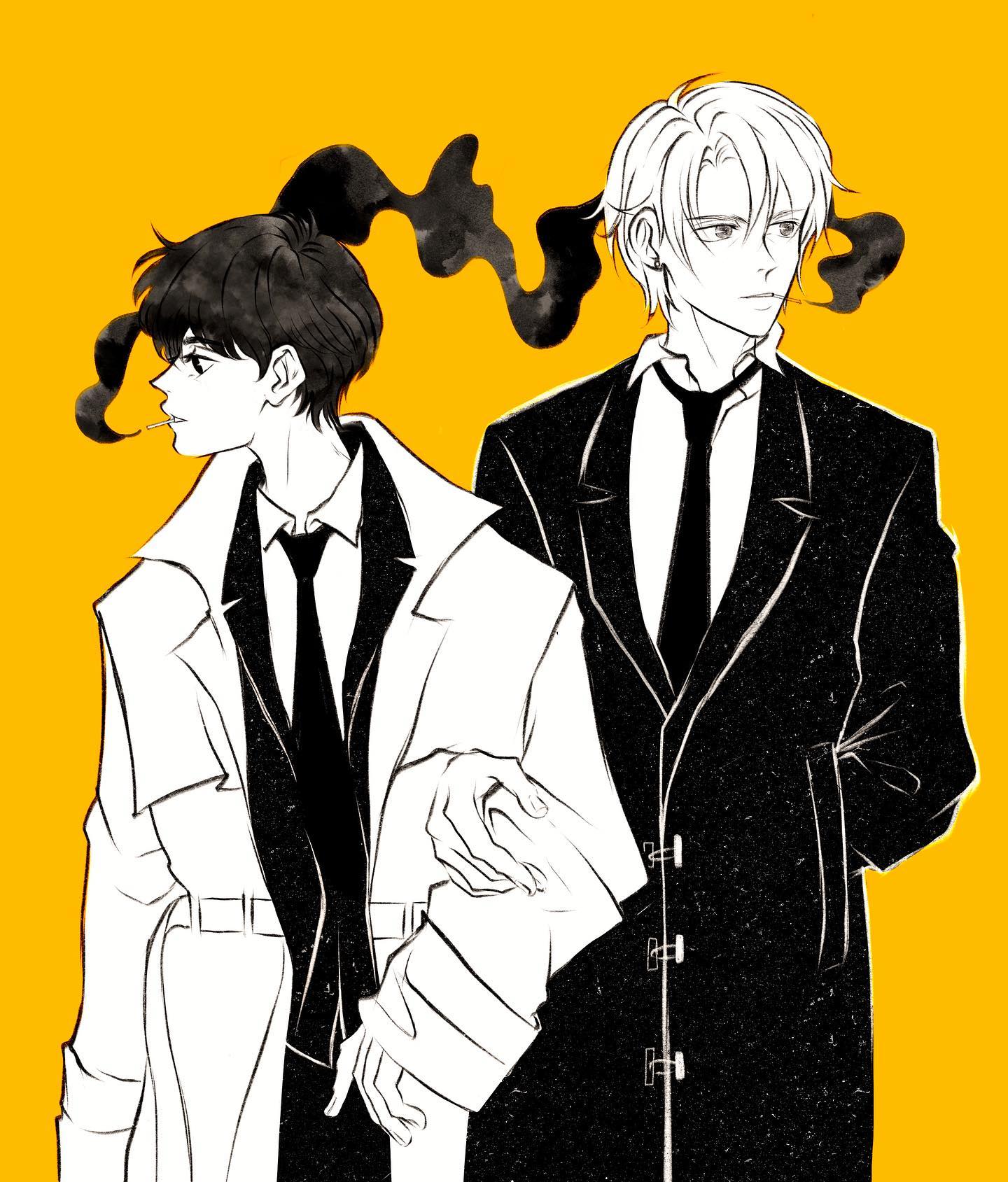 the image is a black and white illustration, possibly animeinspired, depicting two stylish men.  one man is in a lightcolored trench coat, the other in a dark overcoat. both are wearing suits and ties.  they are standing close, with one man's arm around the other's shoulder, suggesting intimacy or partnership.  a wisp of cigarette smoke trails behind the shorter man, adding a noir atmosphere.  the background is a solid, vibrant yellow, which contrasts sharply with the monochromatic figures.  the style is detailed yet sketchy, emphasizing fashion and a sense of mystery.