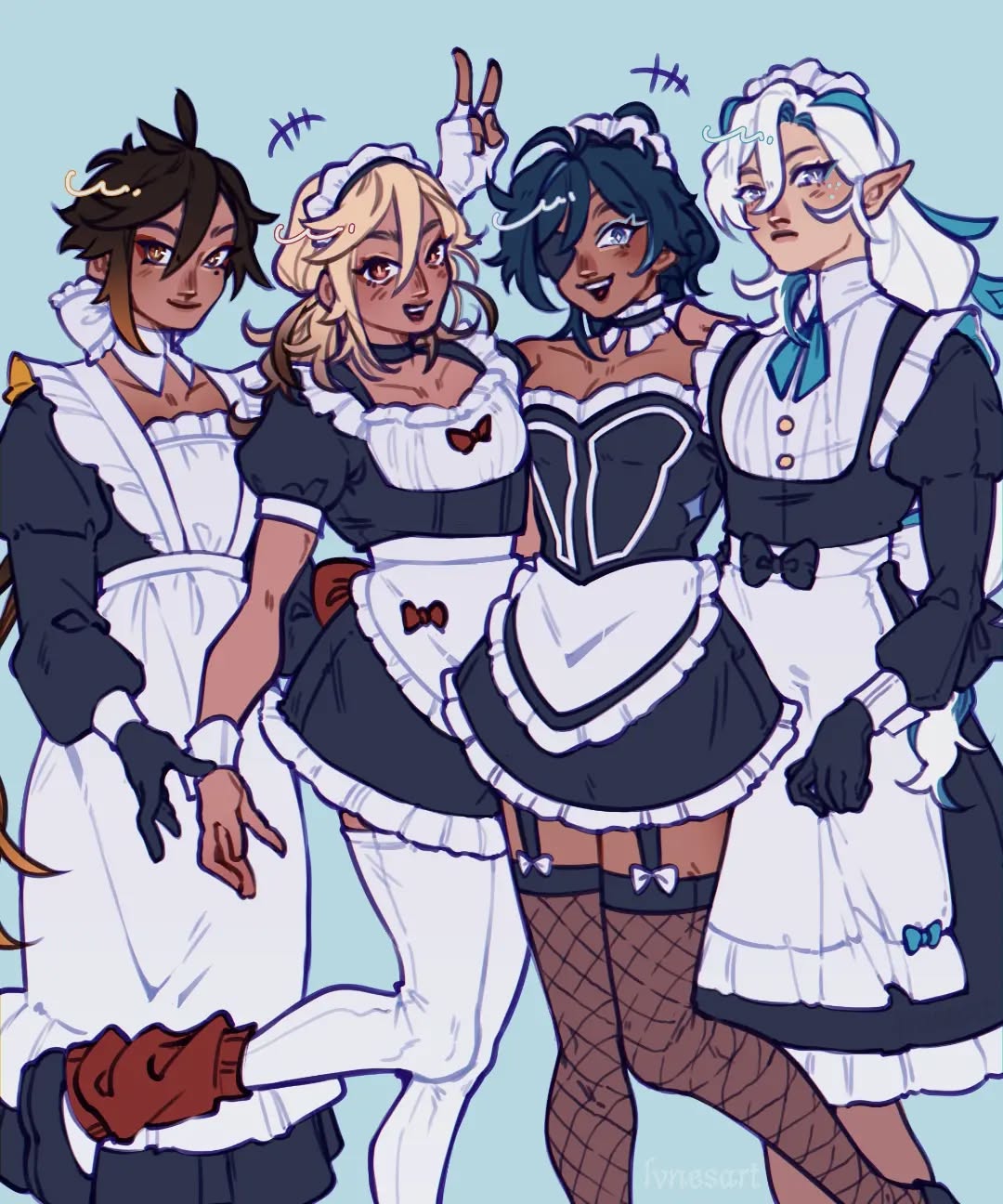 the artwork shows four male genshin impact characters wearing maid outfits. from left to right, they are zhongli, aether, kaeya, and alhaitham. they are posing together with a light blue background. zhongli is wearing a black and white maid dress with long black gloves and dark hair. aether is making a peace sign and has blonde hair with a black and white maid dress. kaeya has dark skin, blue hair, and wears a black and white maid dress with fishnet stockings. alhaitham has white hair with blue accents and long elflike ears, wearing a black and white maid dress with blue bows.