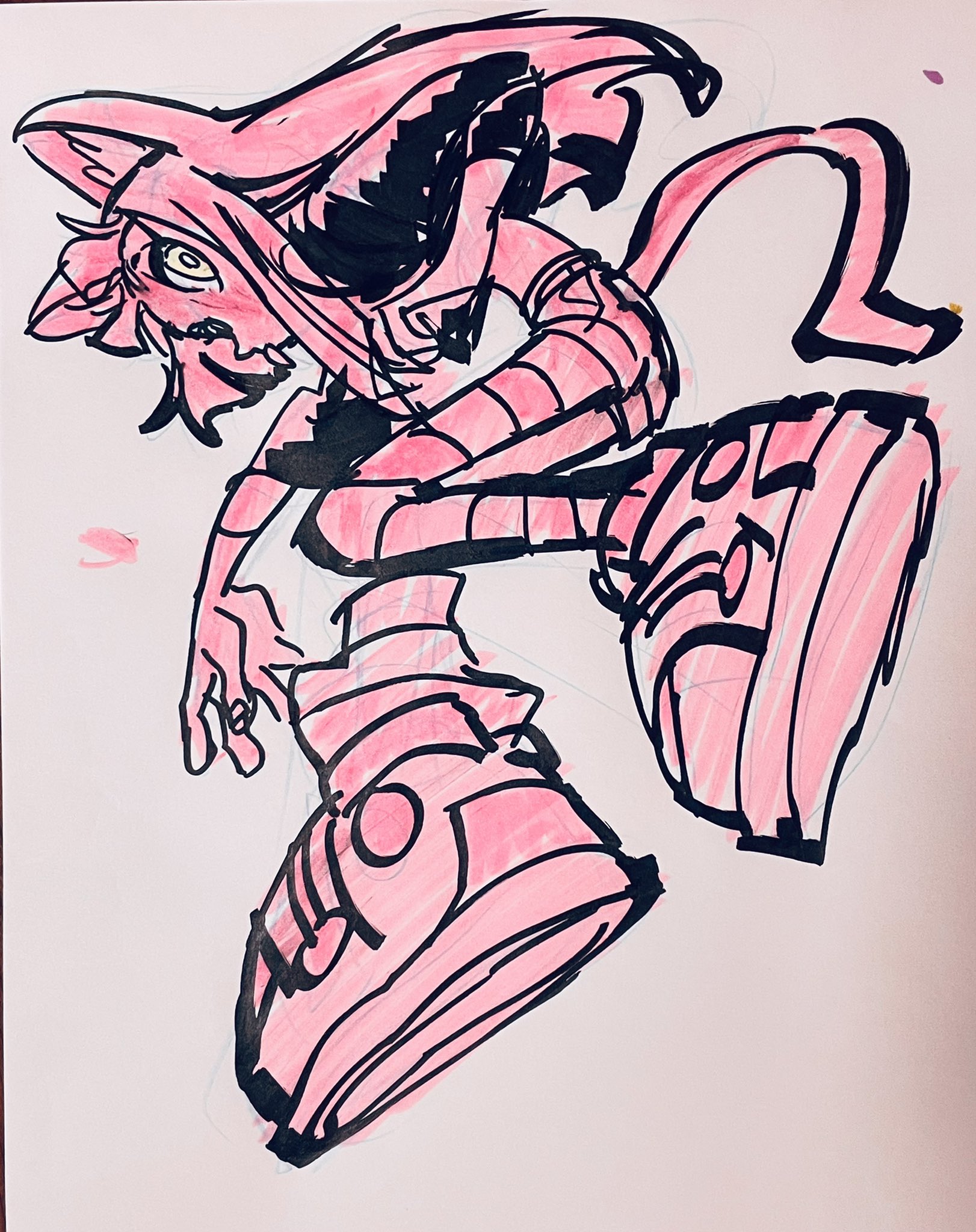 a dynamic sketch of a pink, demoniclooking character in midjump or action pose. they have exaggerated features, large boots, and a tail. the style is bold and uses primarily pink marker with black outlines.