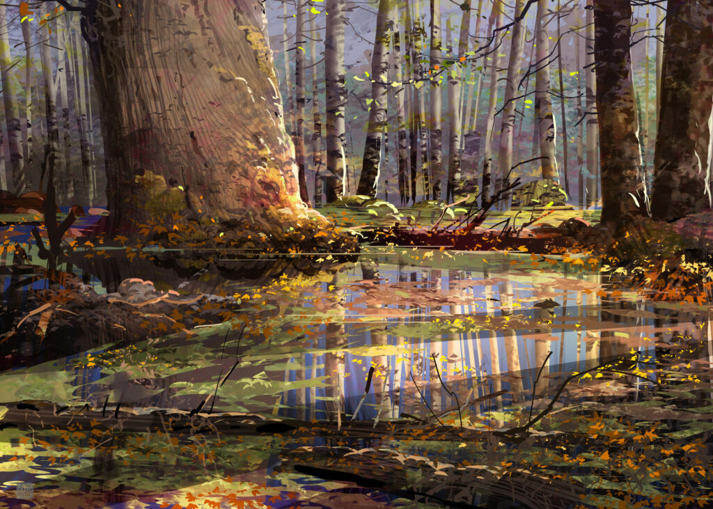 a painting depicting a serene forest scene with a shallow pool of water reflecting the surrounding trees. the water is murky and covered in fallen leaves, with the colors of autumn reflected in its surface. the trees are tall and slender, with their branches reaching towards the sky. the overall mood of the painting is peaceful and tranquil.