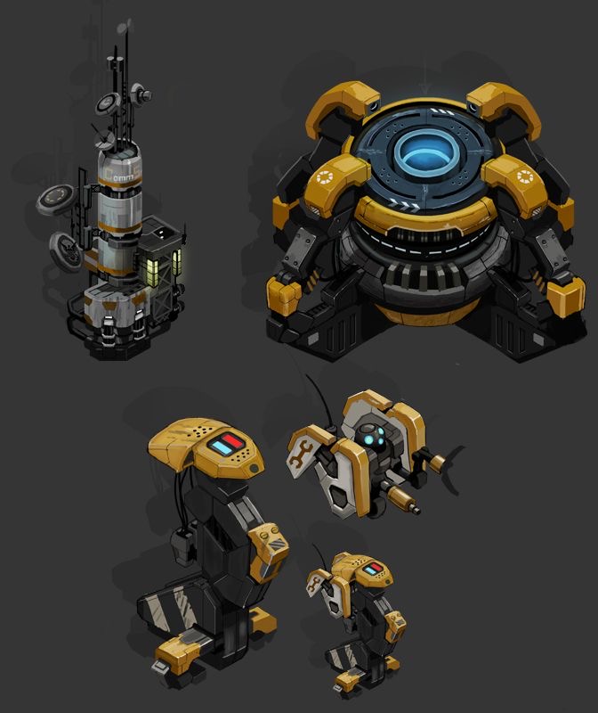 the image showcases a collection of futuristic industrial equipment. there's a tall communication tower equipped with multiple antennas, a large, spherical machine with a glowing blue core, a stationary robotic arm, and a flying drone. all the equipment features a combination of gray, black, and yellow, giving it a cohesive and industrial look.