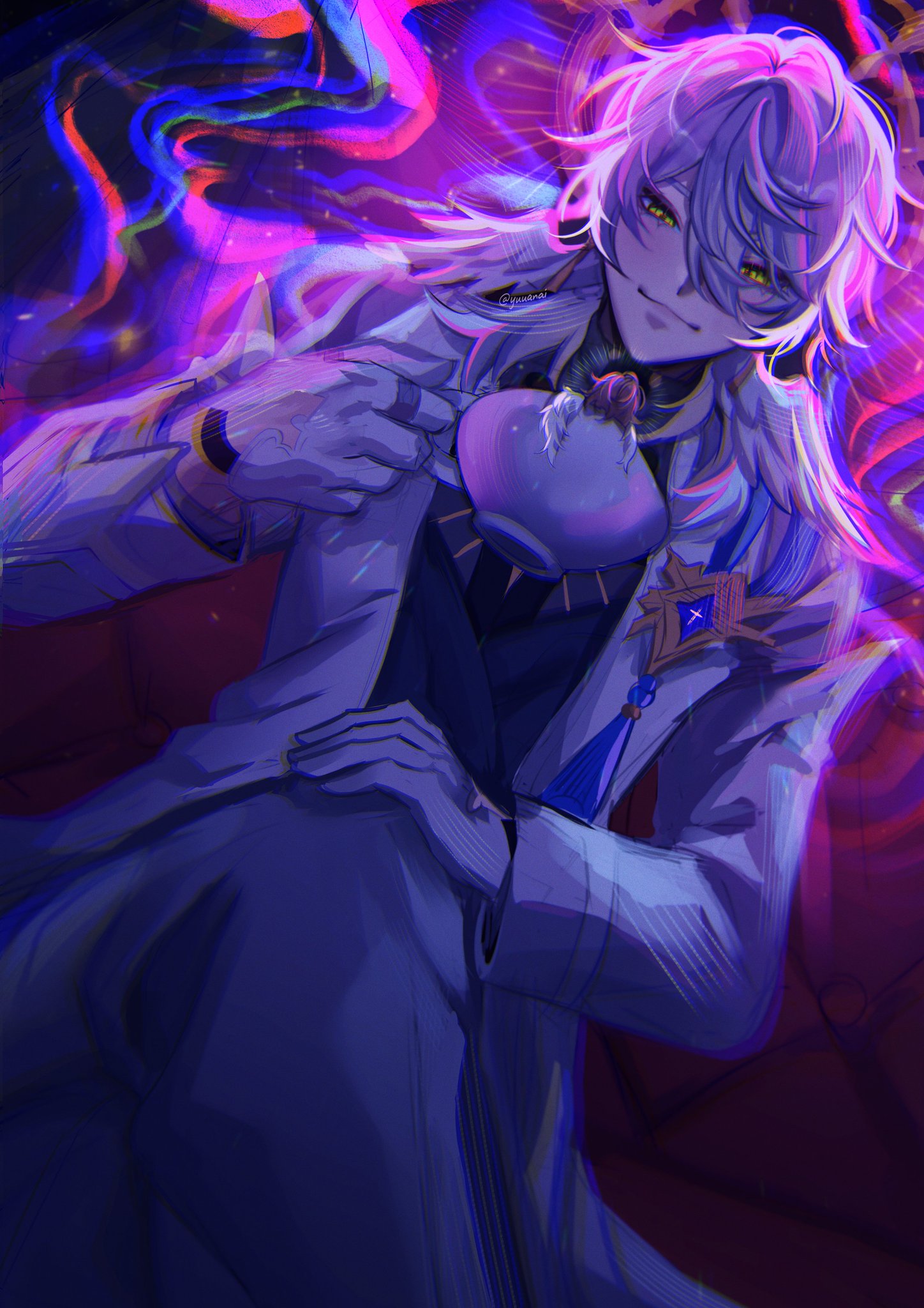 the image is of an anime male with white hair and blue eyes. he is sitting in a chair, drinking tea from a cup. he is wearing a white jacket and a blue shirt. the background is purple with blue lighting and stars. he is sitting in a very elegant way with a relaxed posture.